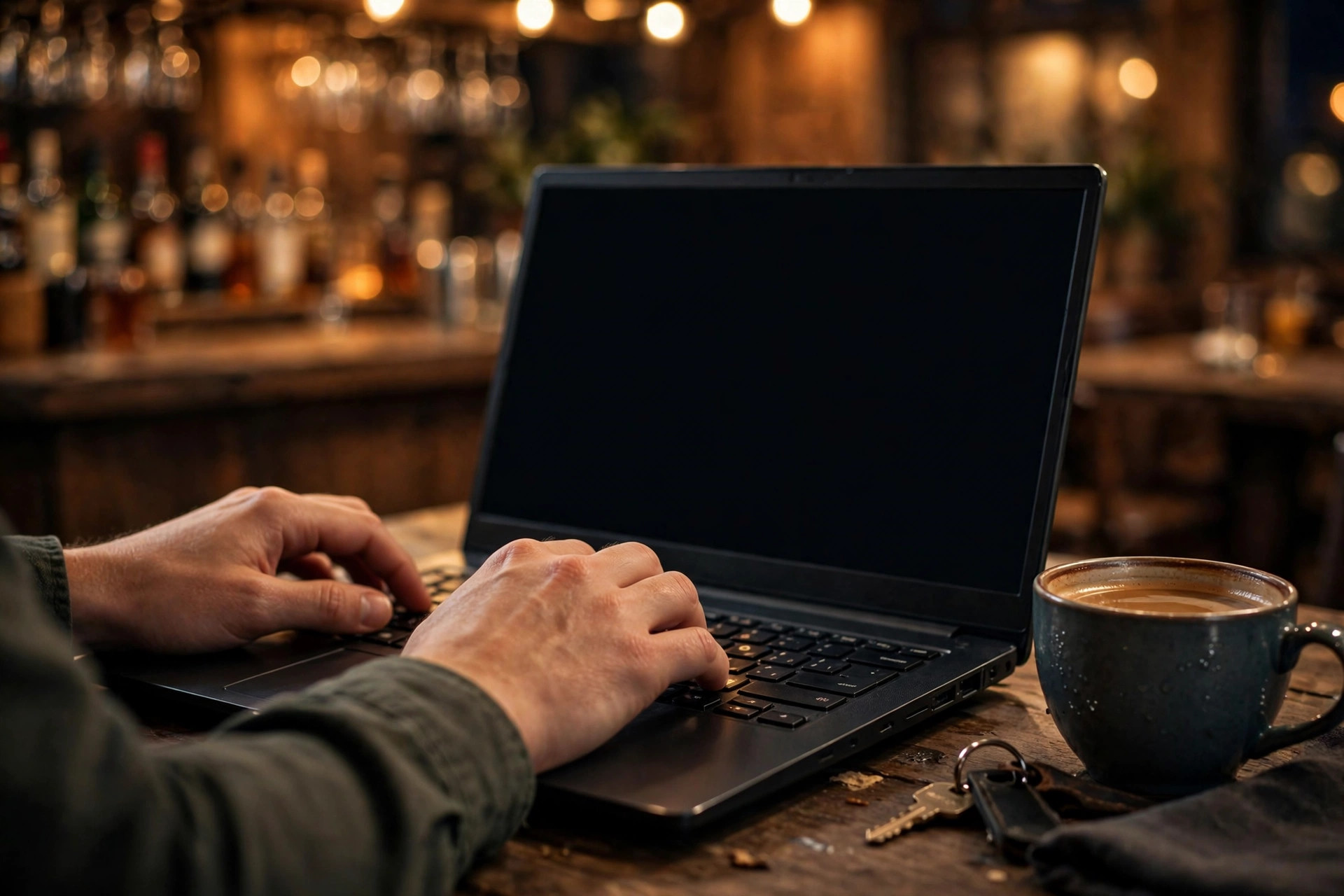 Hands typing a thoughtful reply to a guest review on a laptop in a quiet restaurant office at night.
