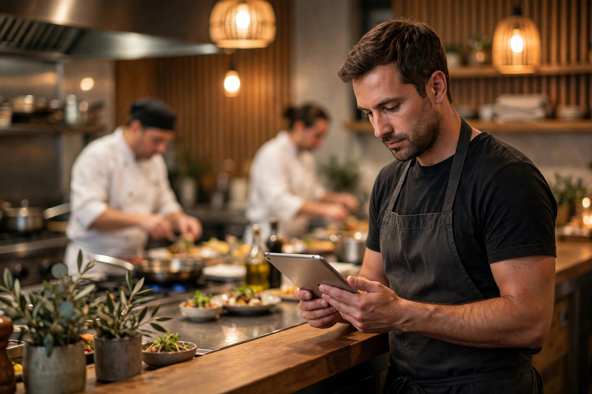 A calm restaurant owner reading guest reviews on a tablet at the kitchen pass before service.