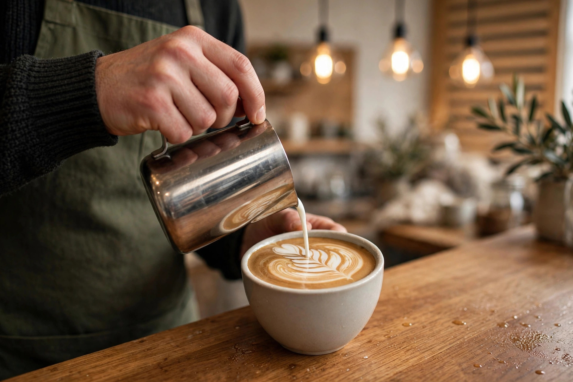 Barista kaataa maitoa cappuccinoon ja muodostaa kuvion kahvilan tiskillä lämpimässä valossa