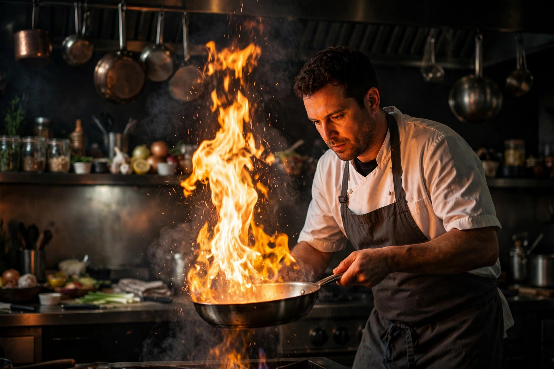Chef flambéing a pan with dramatic flames in a dark restaurant kitchen — a classic high-performing Reel moment