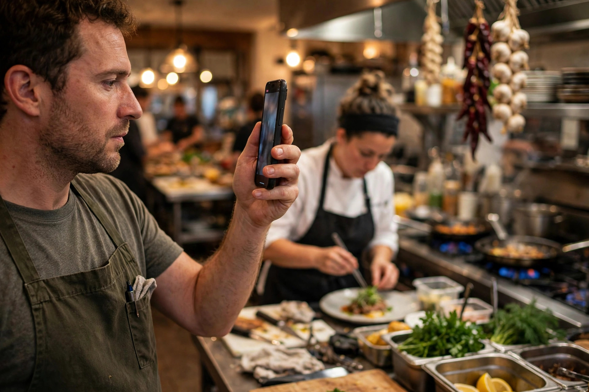 Restaurant owner filming an Instagram Reel on a smartphone while a chef plates a dish in a busy kitchen