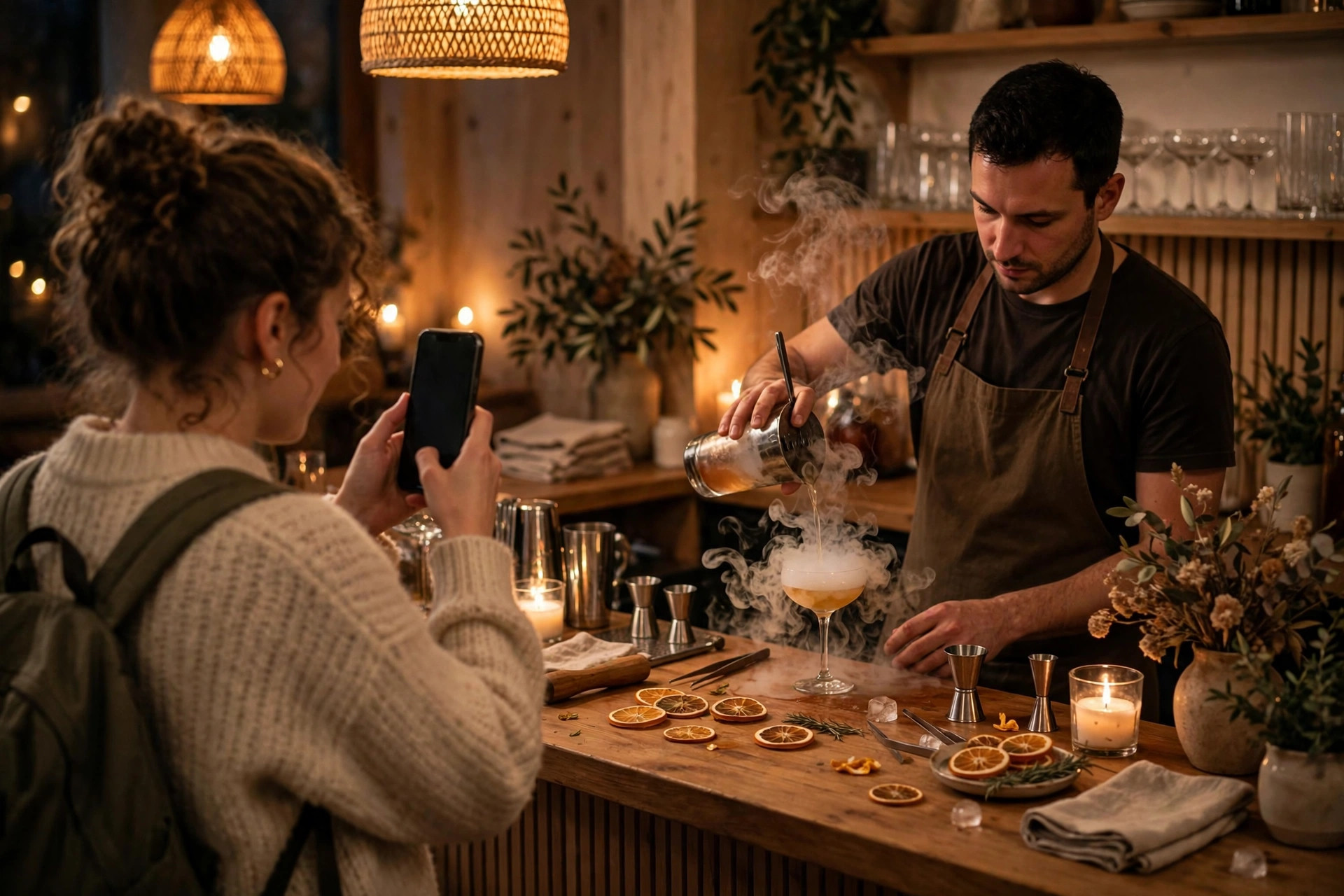 Person filmar en bartender som häller upp en cocktail med mobiltelefon i en mysig svensk bar