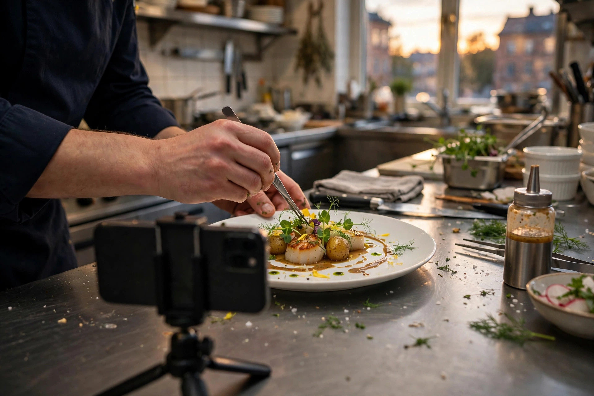 Kock lägger upp en elegant rätt i ett svenskt restaurangkök medan en mobil på stativ filmar scenen