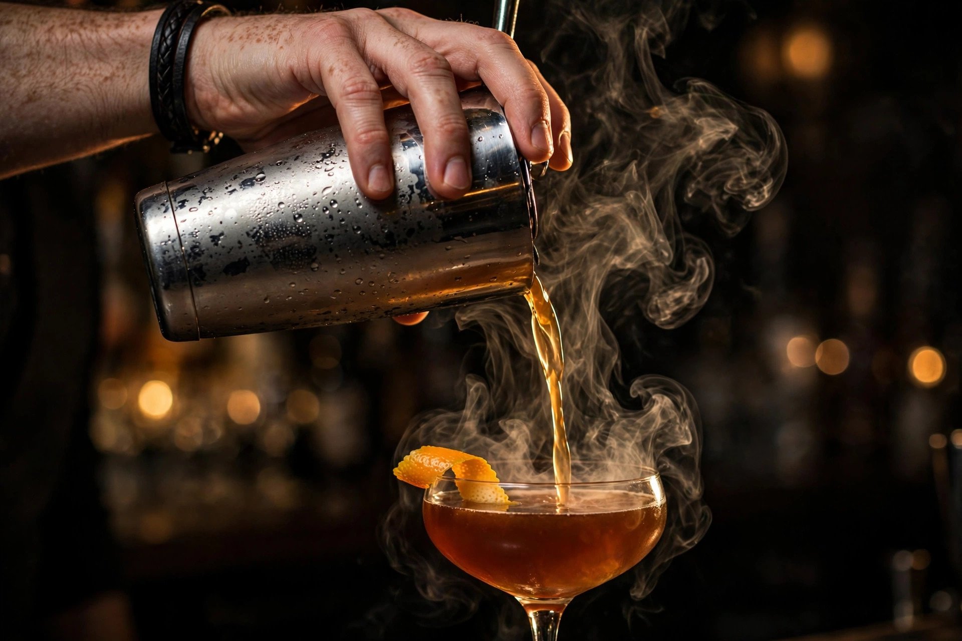 Bartender heller en rykende cocktail i et coupeglass i nærbilde, med varmt lys i bakgrunnen