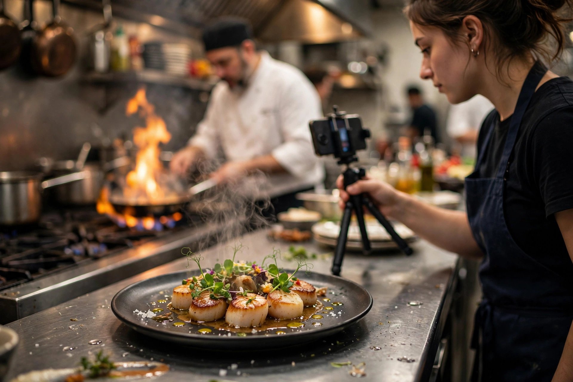 Kokken filmer med mobiltelefon på stativ mens en dampende rett anrettes på passet i et travelt restaurantkjøkken