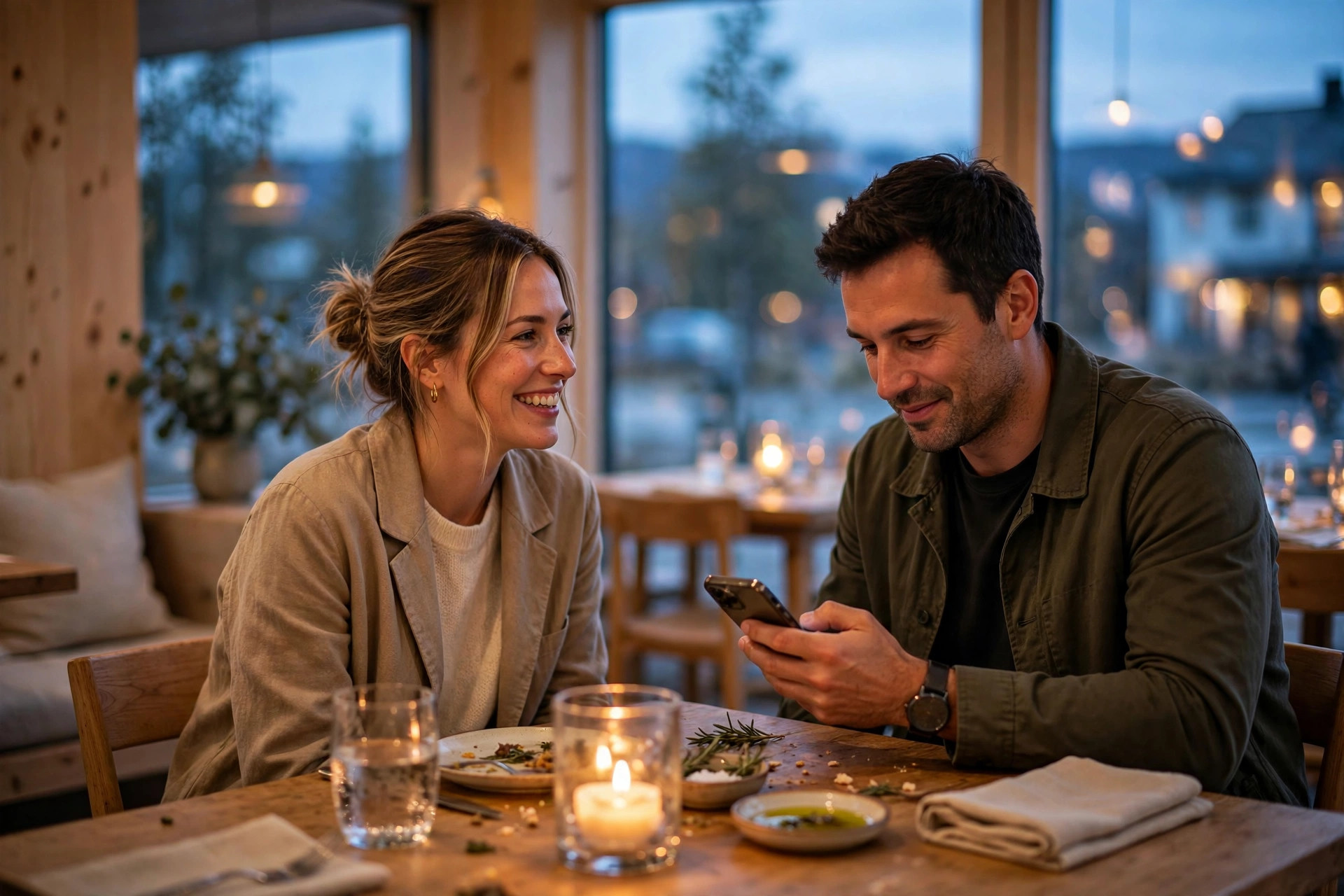A couple at a candlelit restaurant table at dusk, one glancing at a smartphone, in a warm Nordic dining room