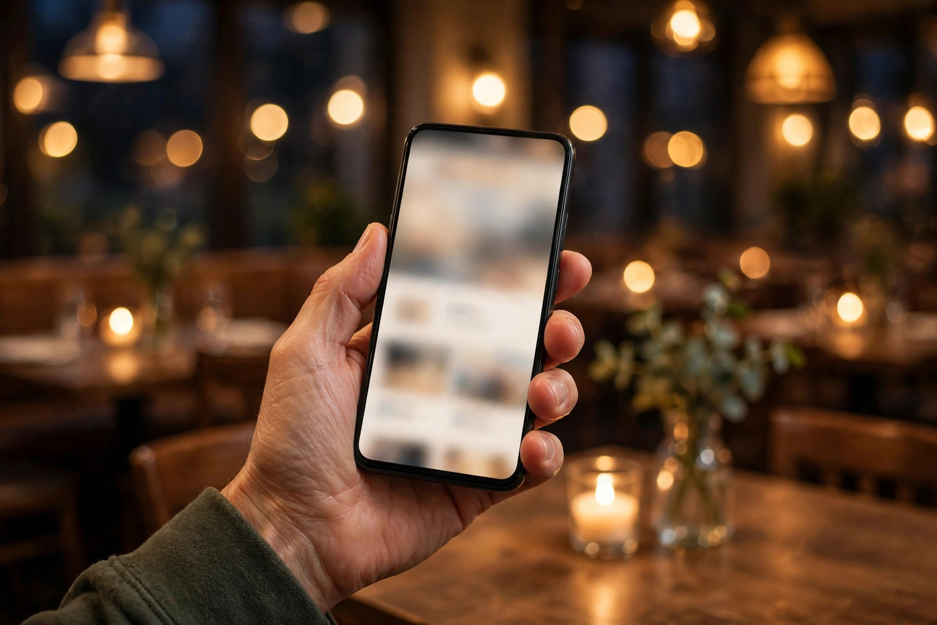 A diner's hand holding a smartphone showing a restaurant website inside a warm, candlelit restaurant dining room