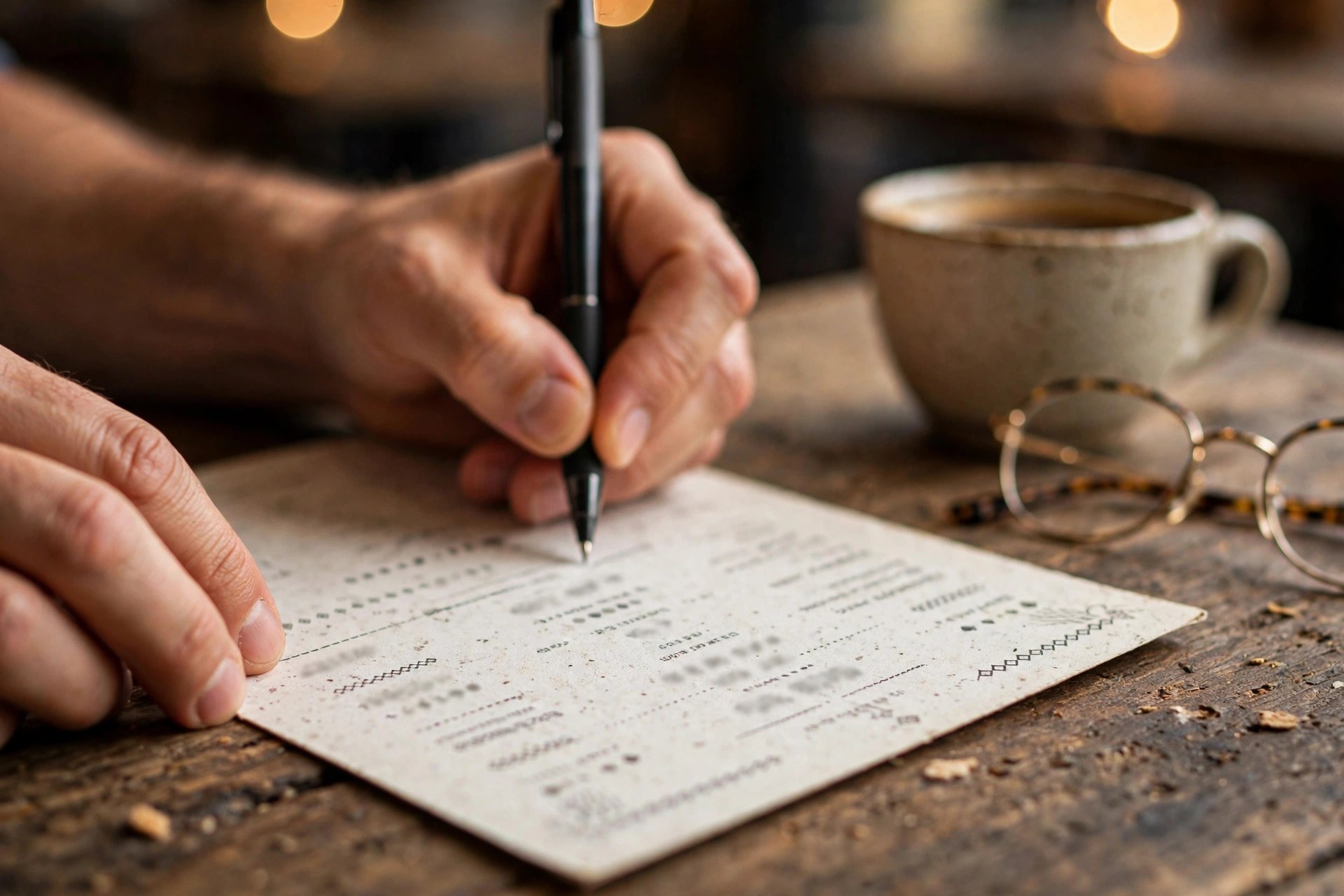 Hand writing a price correction on a printed menu card in a cafe