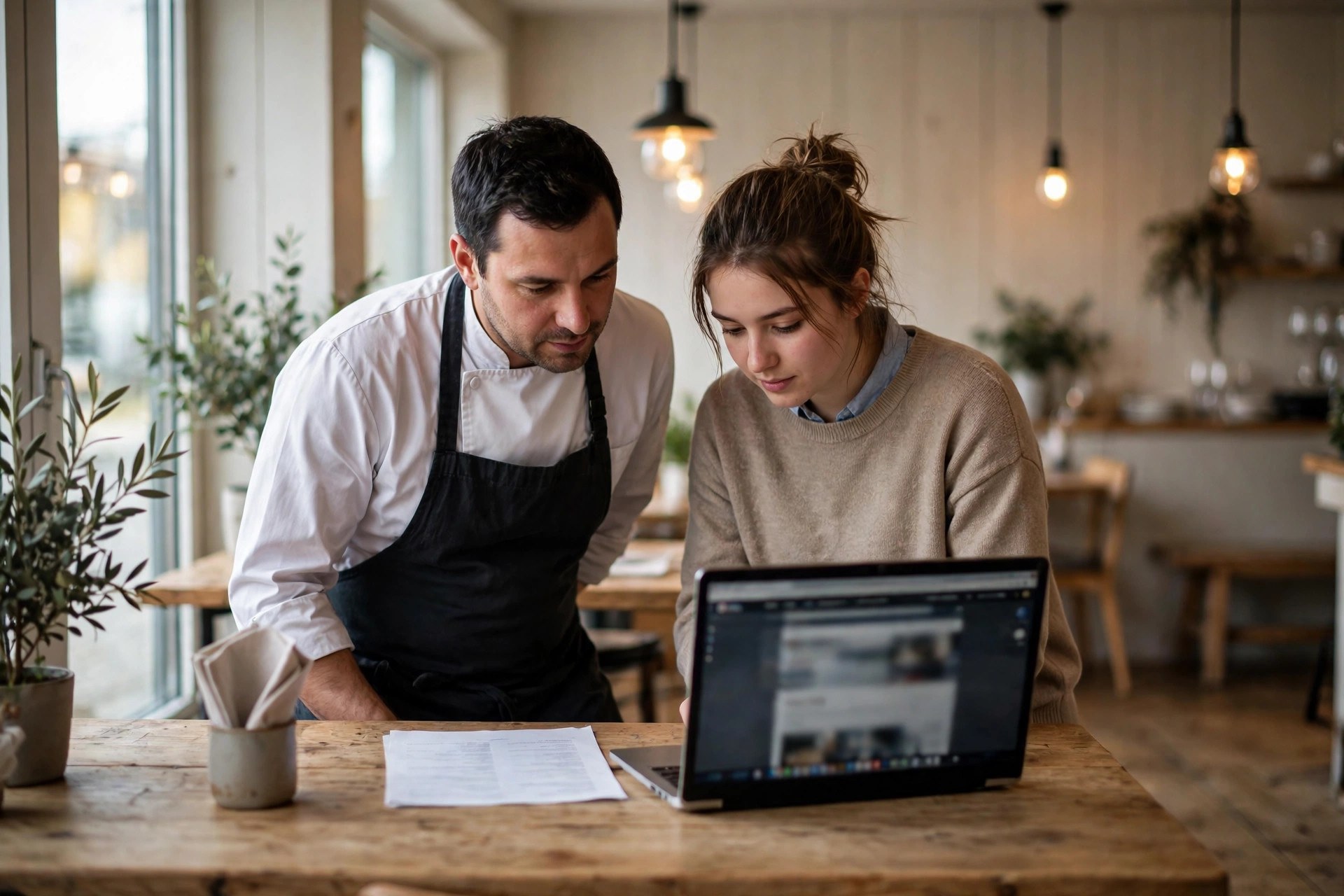 Chef and manager reviewing a printed menu and laptop in a Nordic bistro
