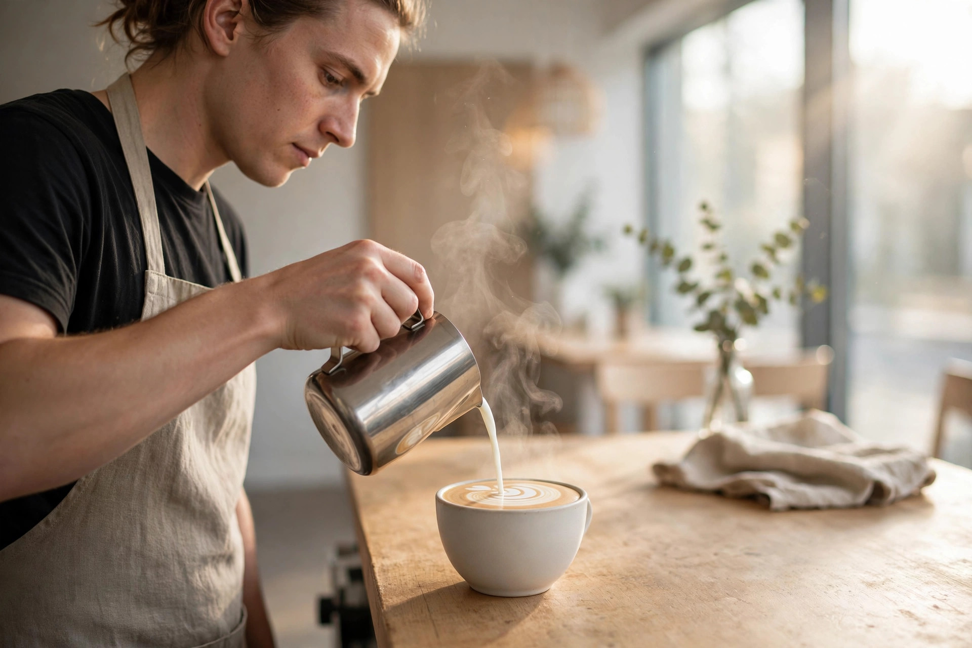 A barista pouring latte art into a cup in a bright Scandinavian café