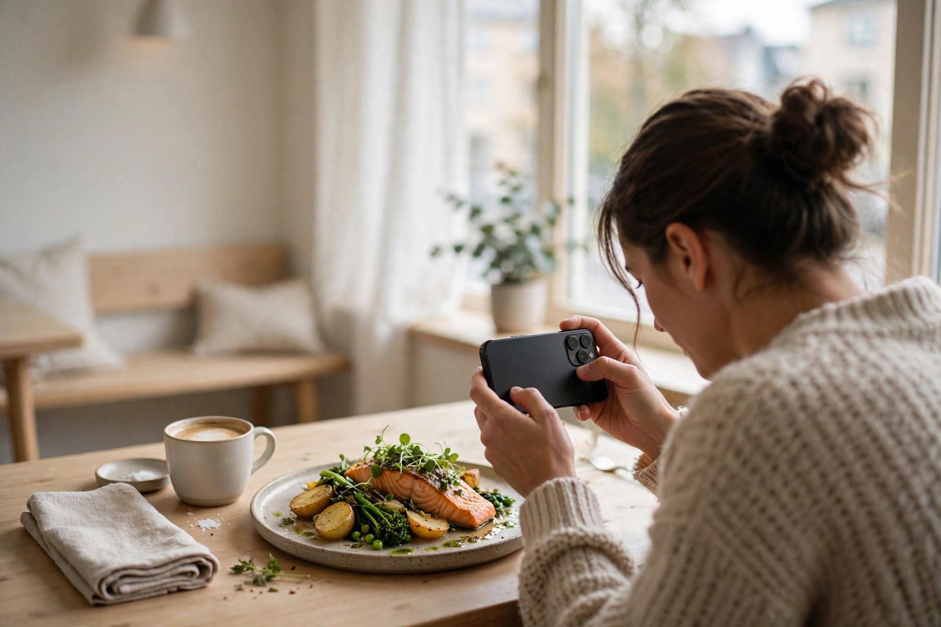 A woman photographing a salmon dish with her smartphone at a bright Nordic café table