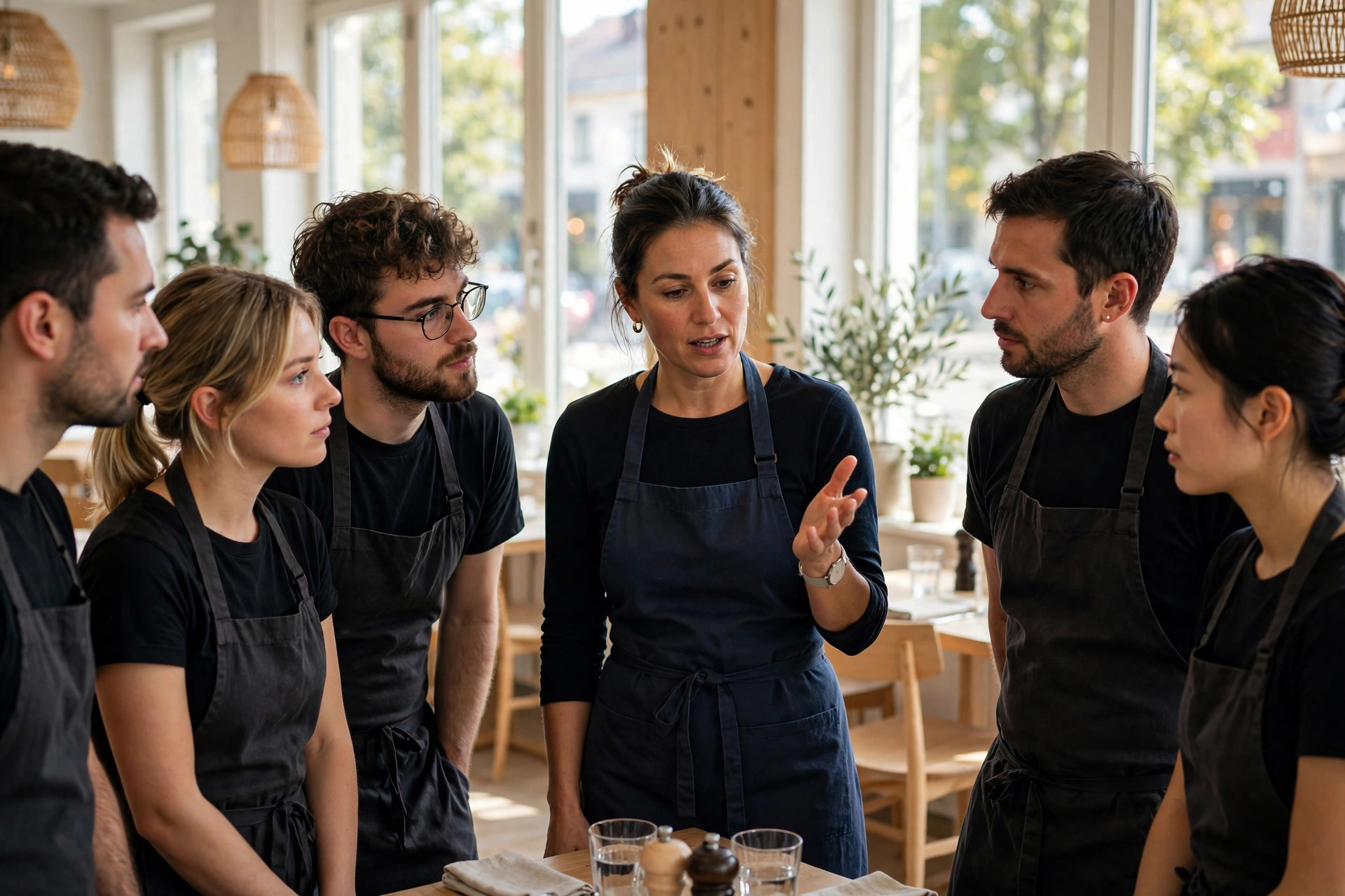 Restaurant staff in aprons listening to their manager during a pre-shift briefing in a bright dining room