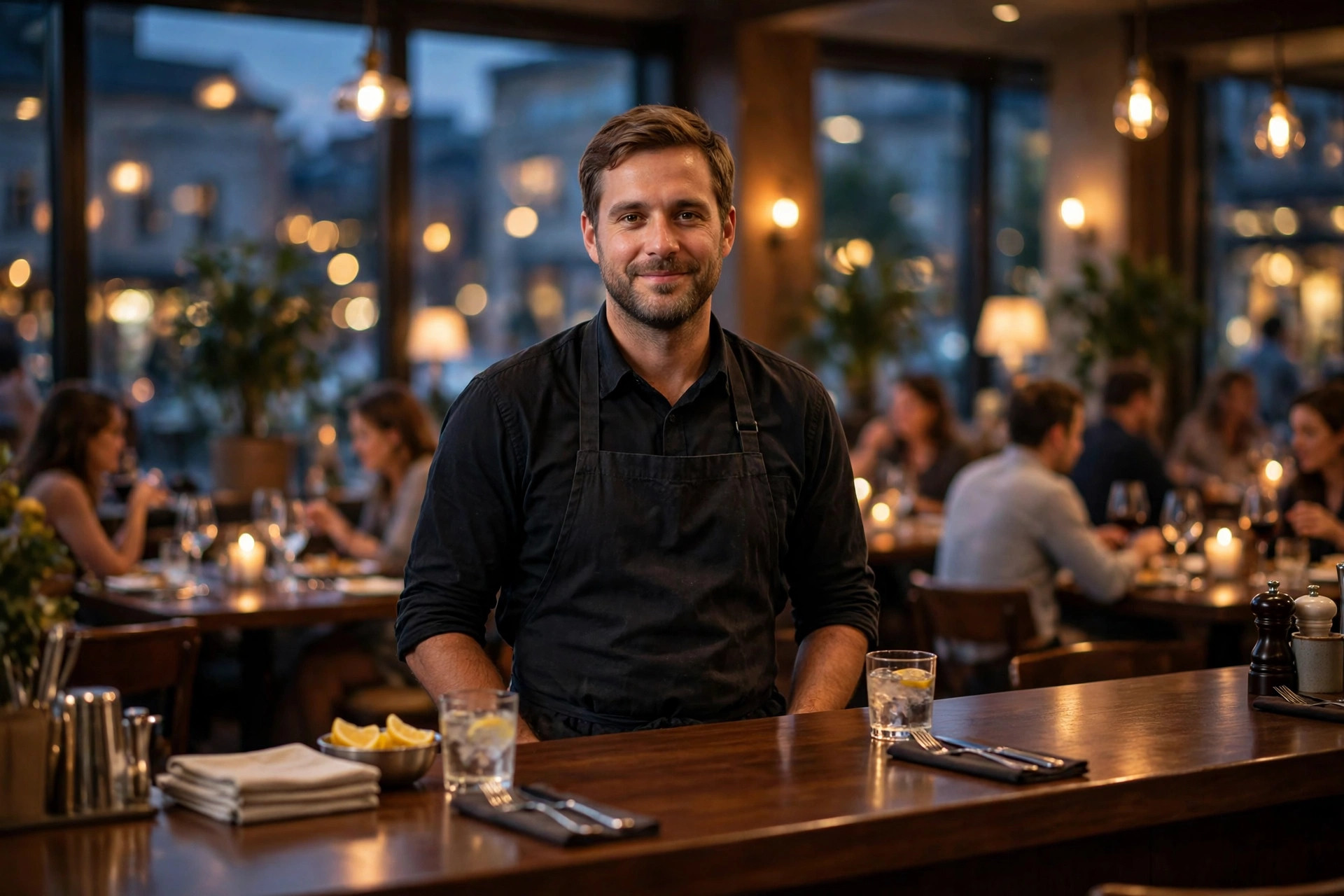 A calm restaurant manager standing behind the counter at dusk, ready to lead the team through a difficult situation