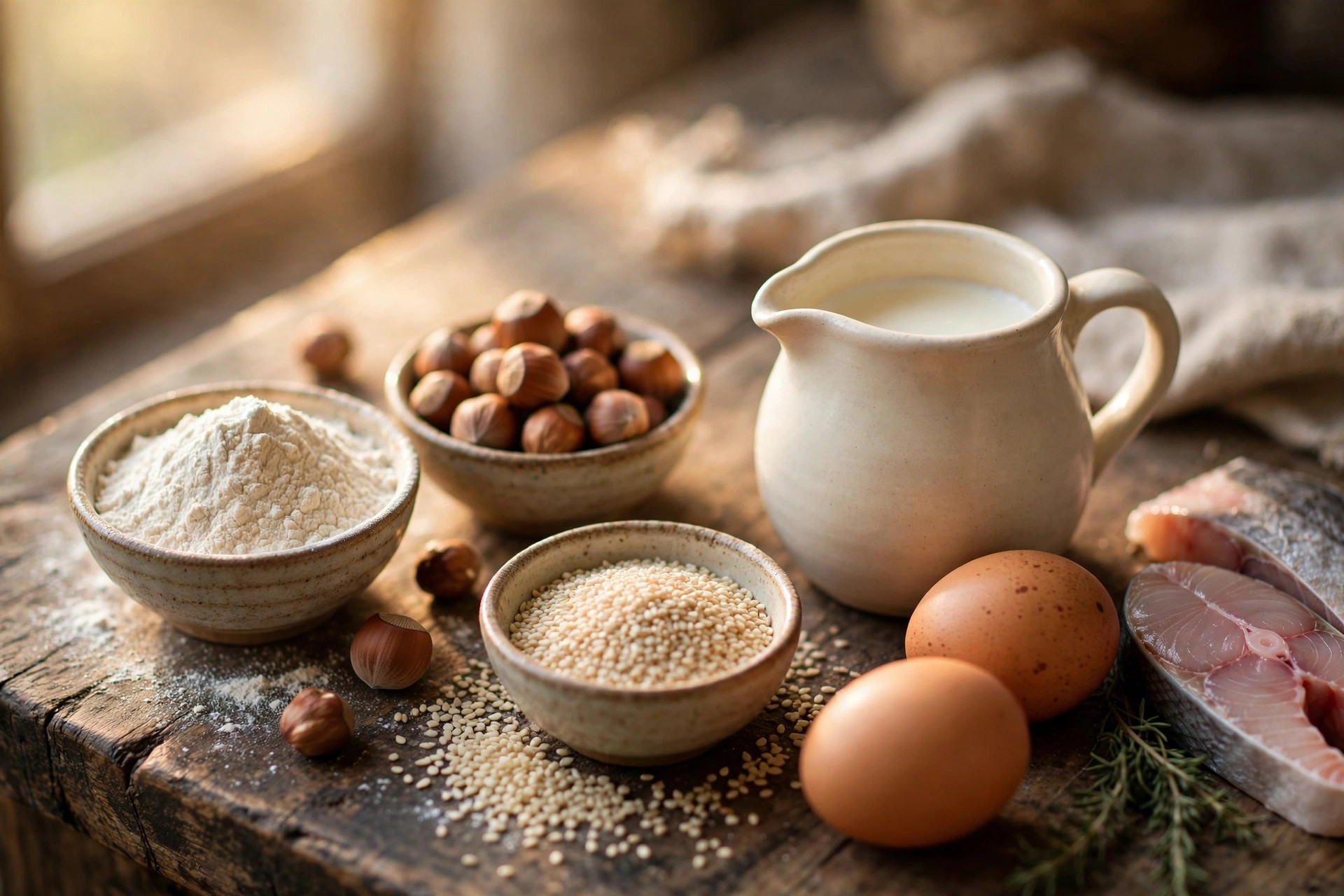 Bowls of common allergen ingredients — flour, nuts, milk, eggs, sesame and fish — on a wooden counter