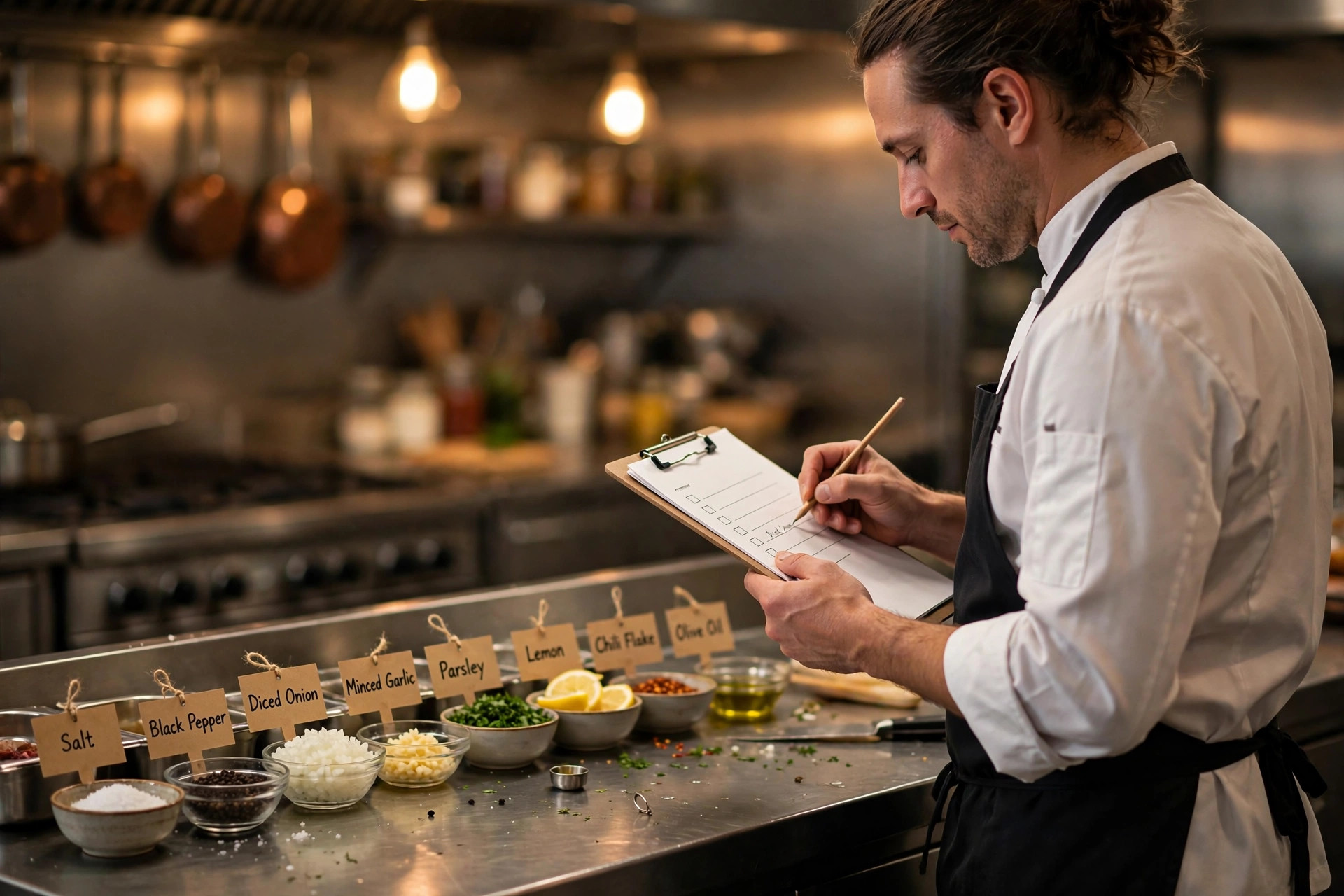A chef in a professional kitchen checking an allergen checklist on a clipboard