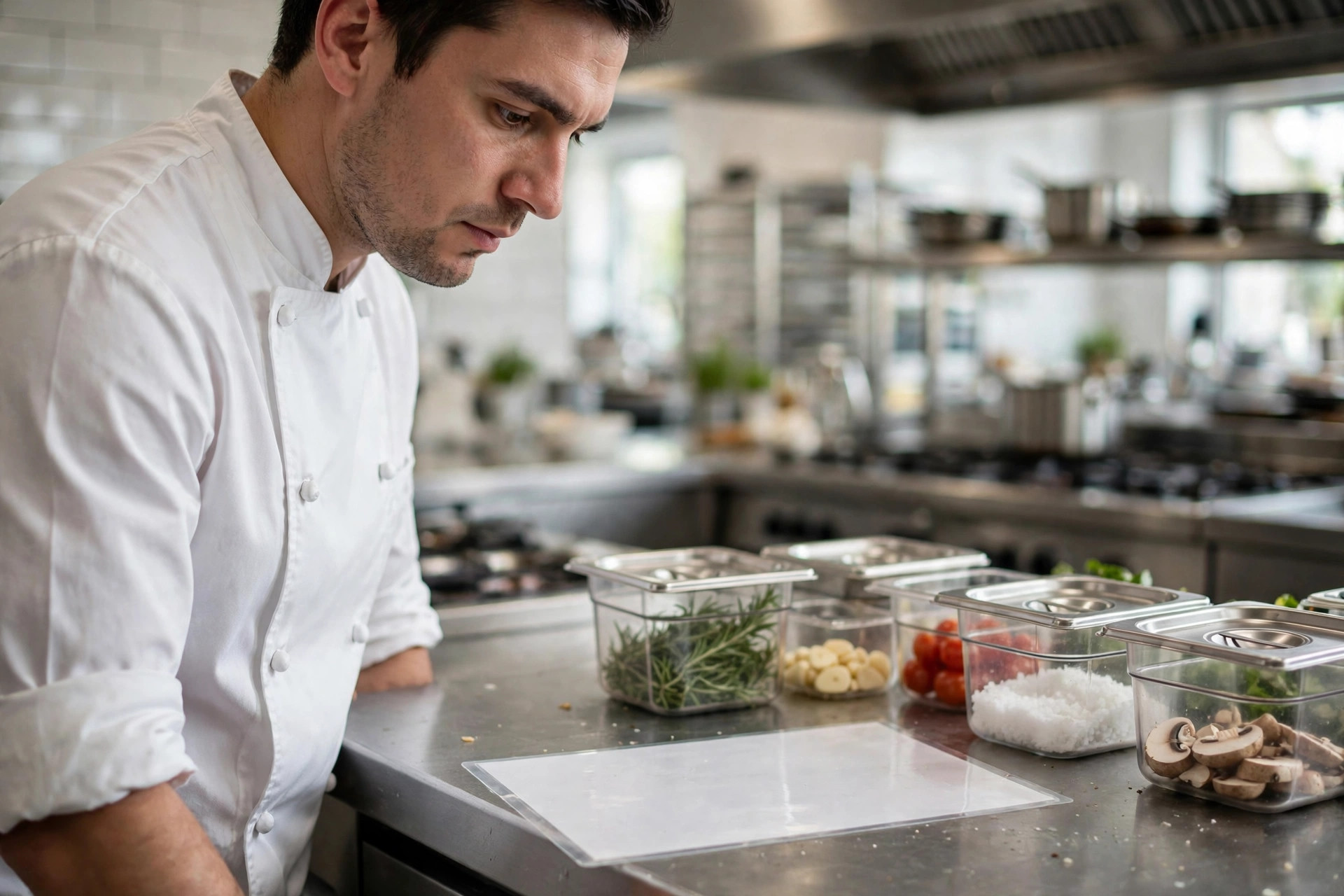 Kock i restaurangkök som går igenom recept och råvaror inför allergenmärkning