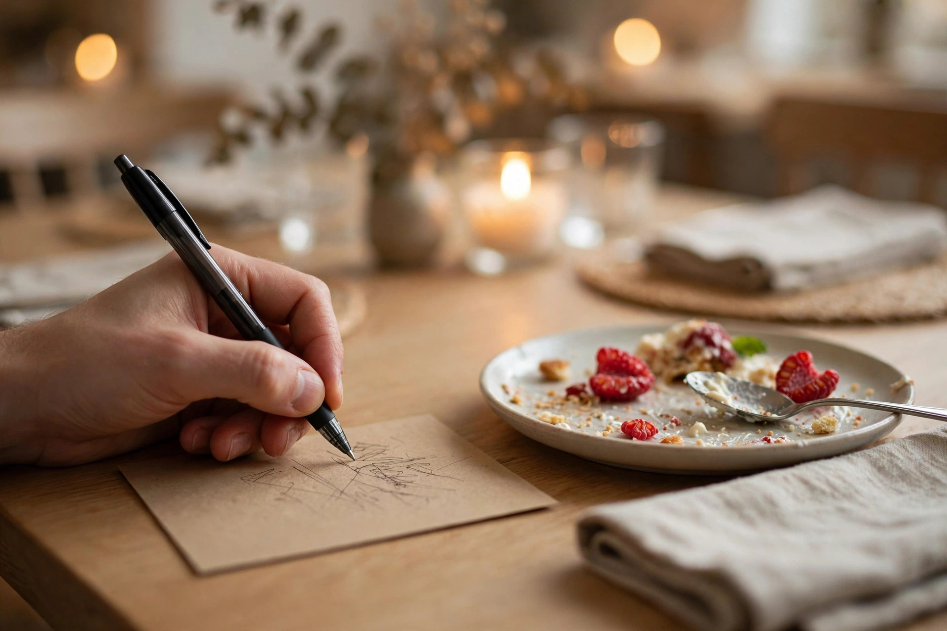 Hånd som skriver på et tilbakemeldingskort ved et restaurantbord med dessert