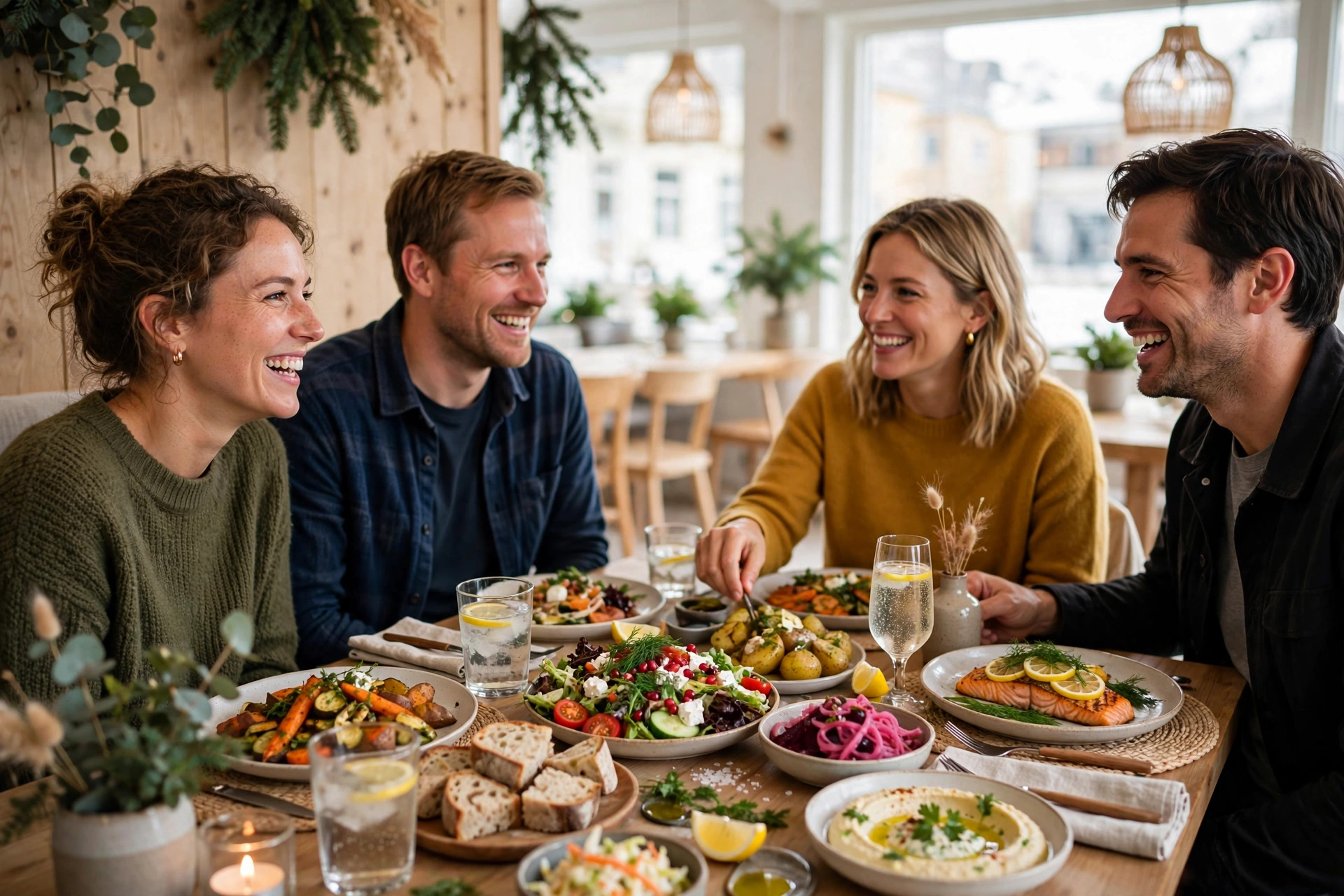 Fornøyde gjester som deler matretter rundt et bord i en norsk restaurant