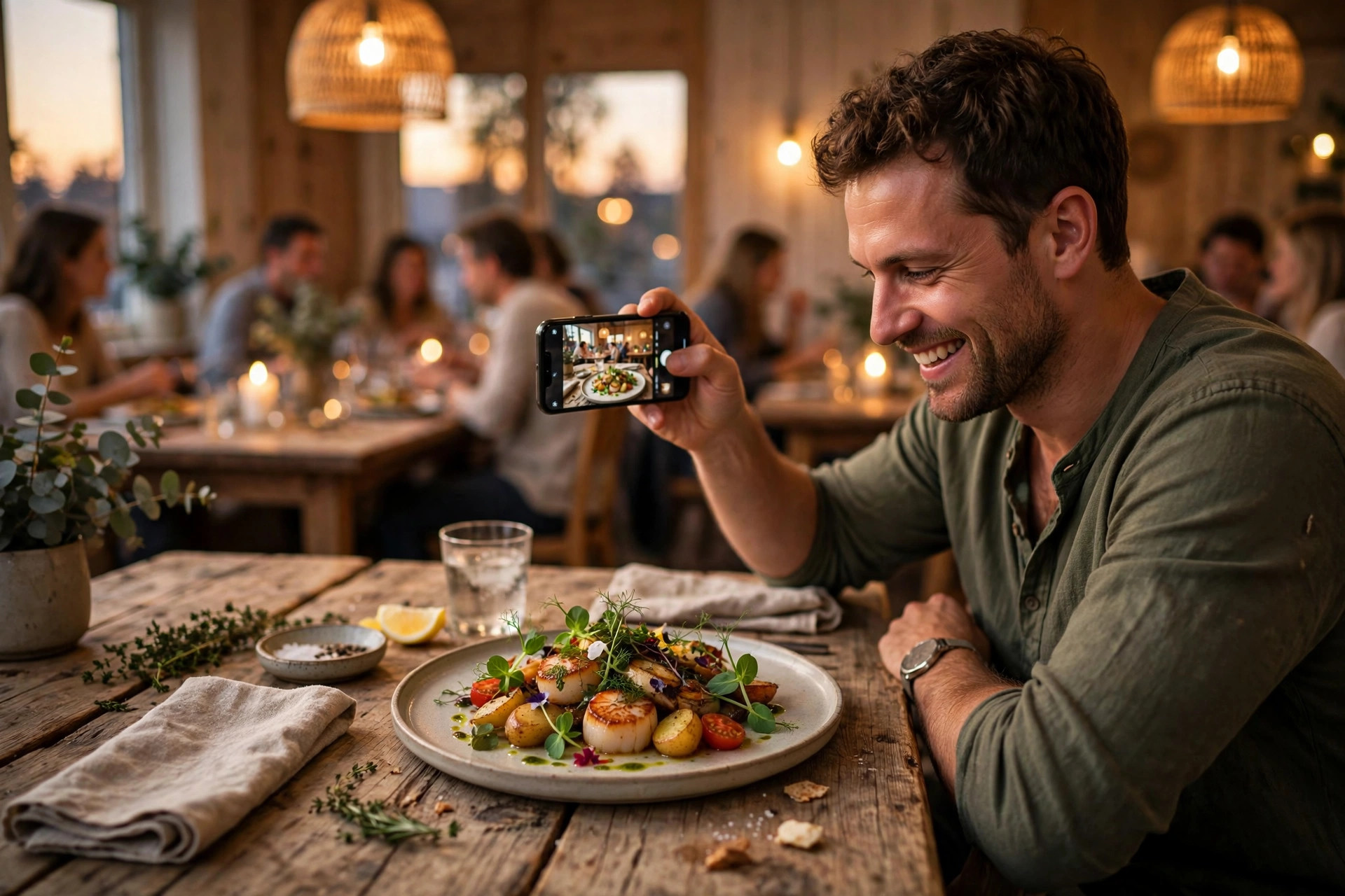 Gjest som fotograferer maten sin på restaurant — øyeblikket gode anmeldelser starter