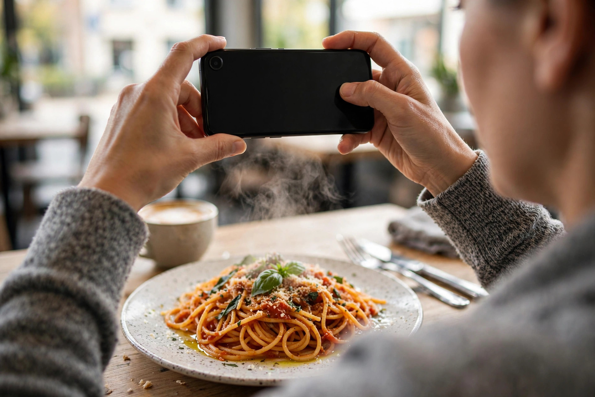 Gäst som fotograferar sin pastarätt med mobilen på ett kafé