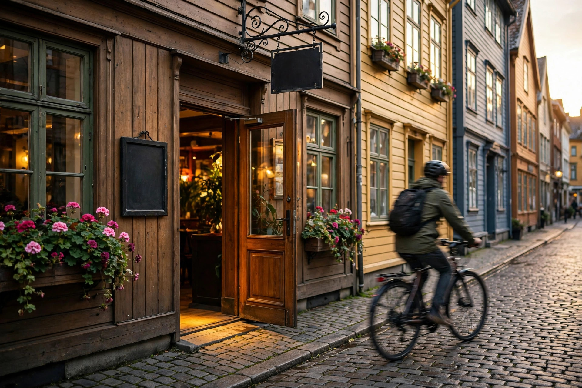 Innbydende restaurantinngang i gyllent kveldslys med åpen dør og blomsterkasser