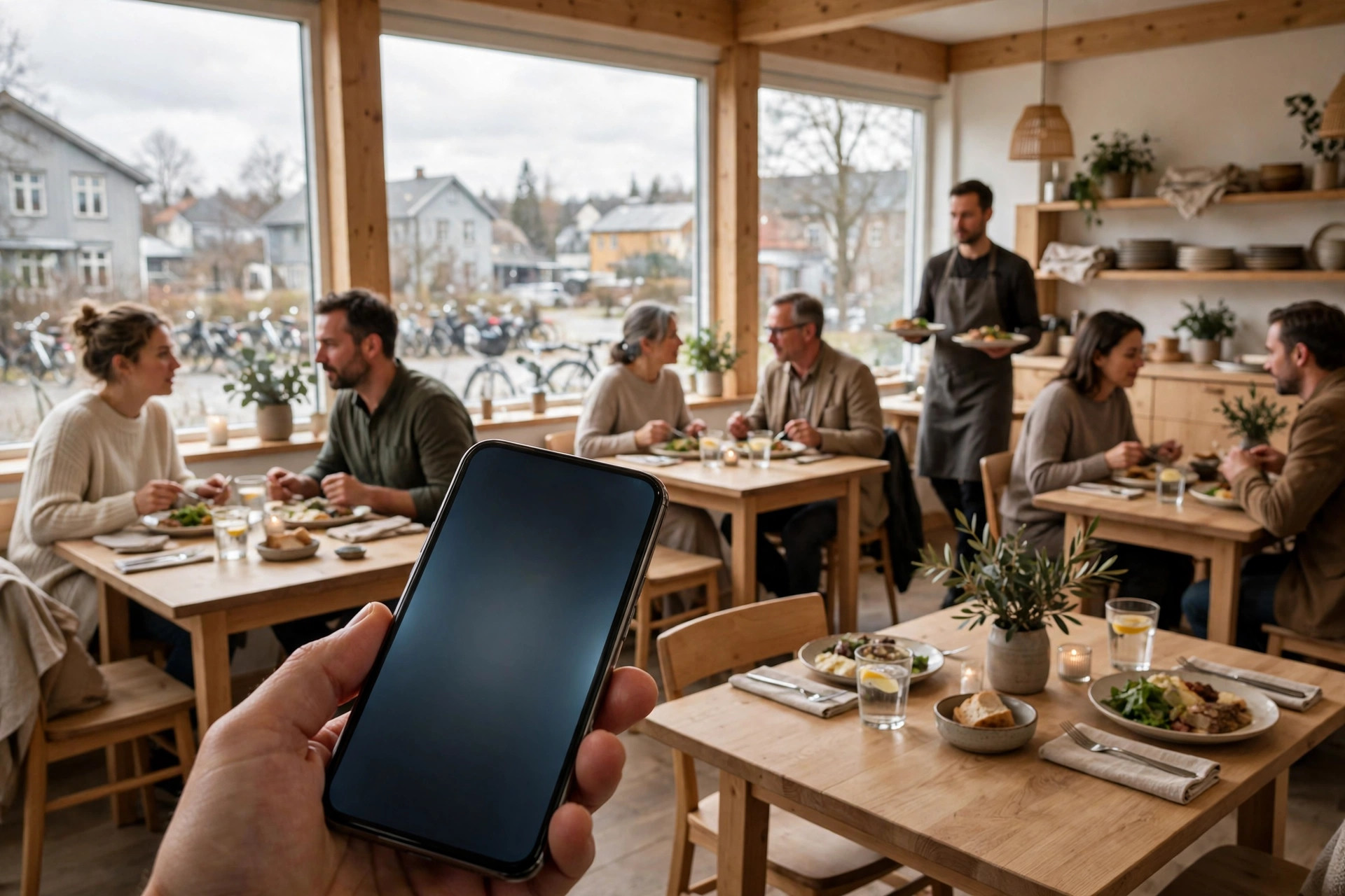 Lunsjgjester i en skandinavisk restaurant mens en hånd i forgrunnen holder en smarttelefon