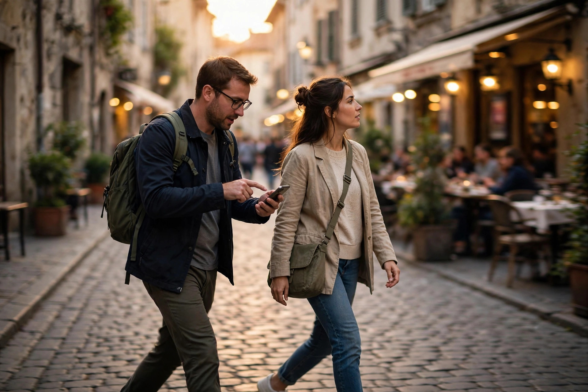 Turistpar tittar på en kartapp i mobilen medan de letar restaurang i en europeisk gränd