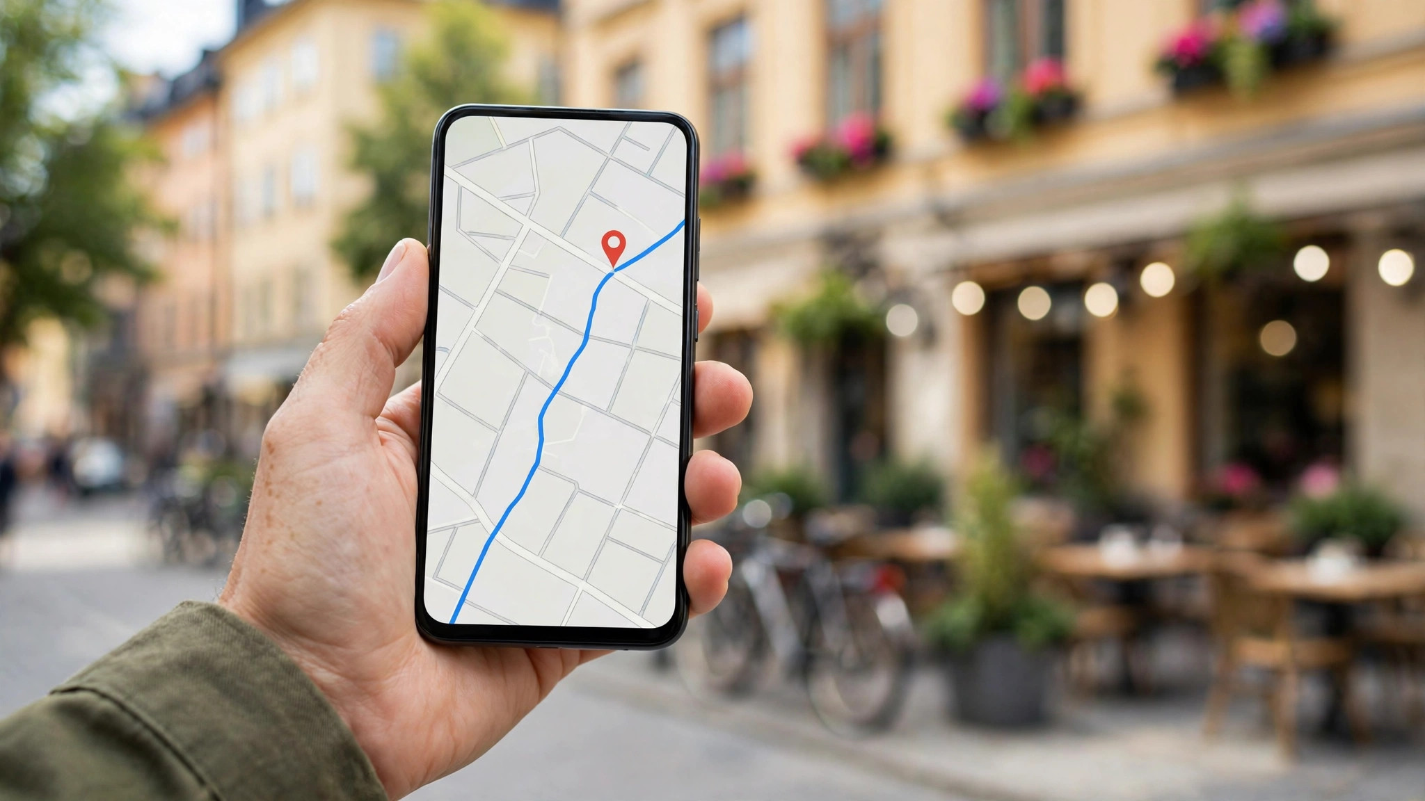 Hand håller en smartphone med en kartapp som visar vägen till en restaurang på en Stockholmsgata