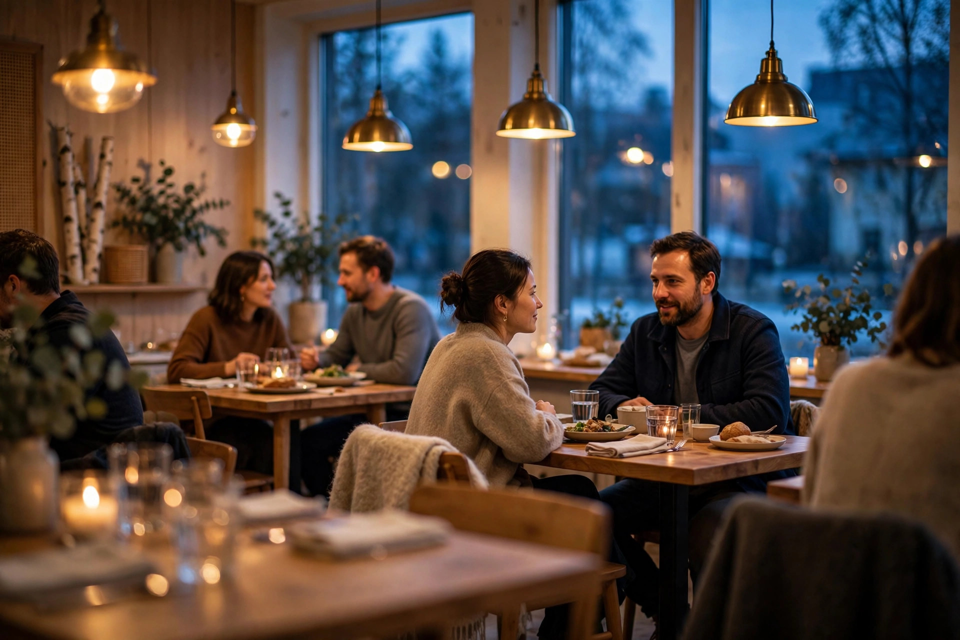 Lämmin ravintolasali illalla — tyytyväiset asiakkaat ovat paras arvostelujen lähde