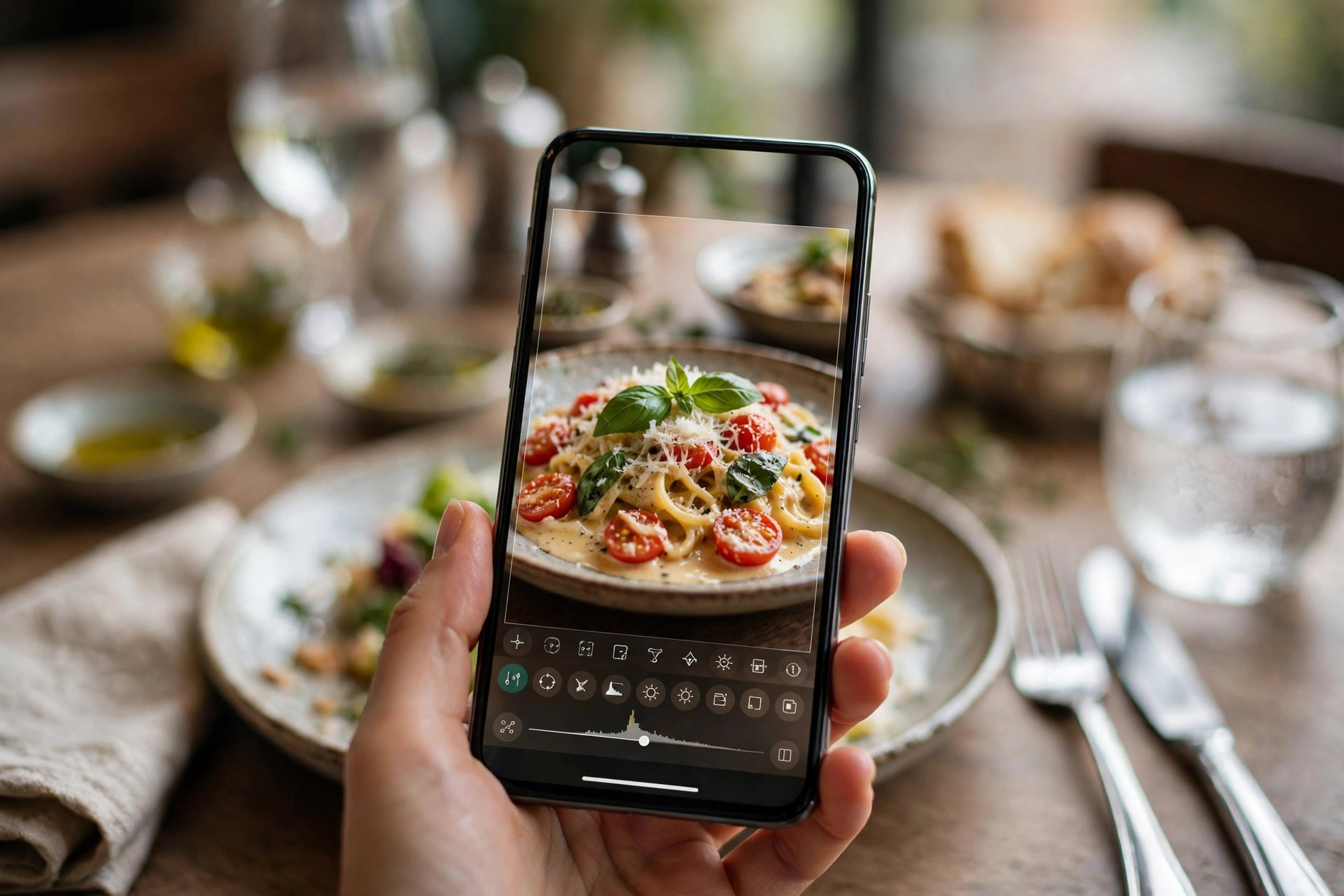 Älypuhelimen näyttö, jolla muokataan ravintolassa otettua ruokakuvaa