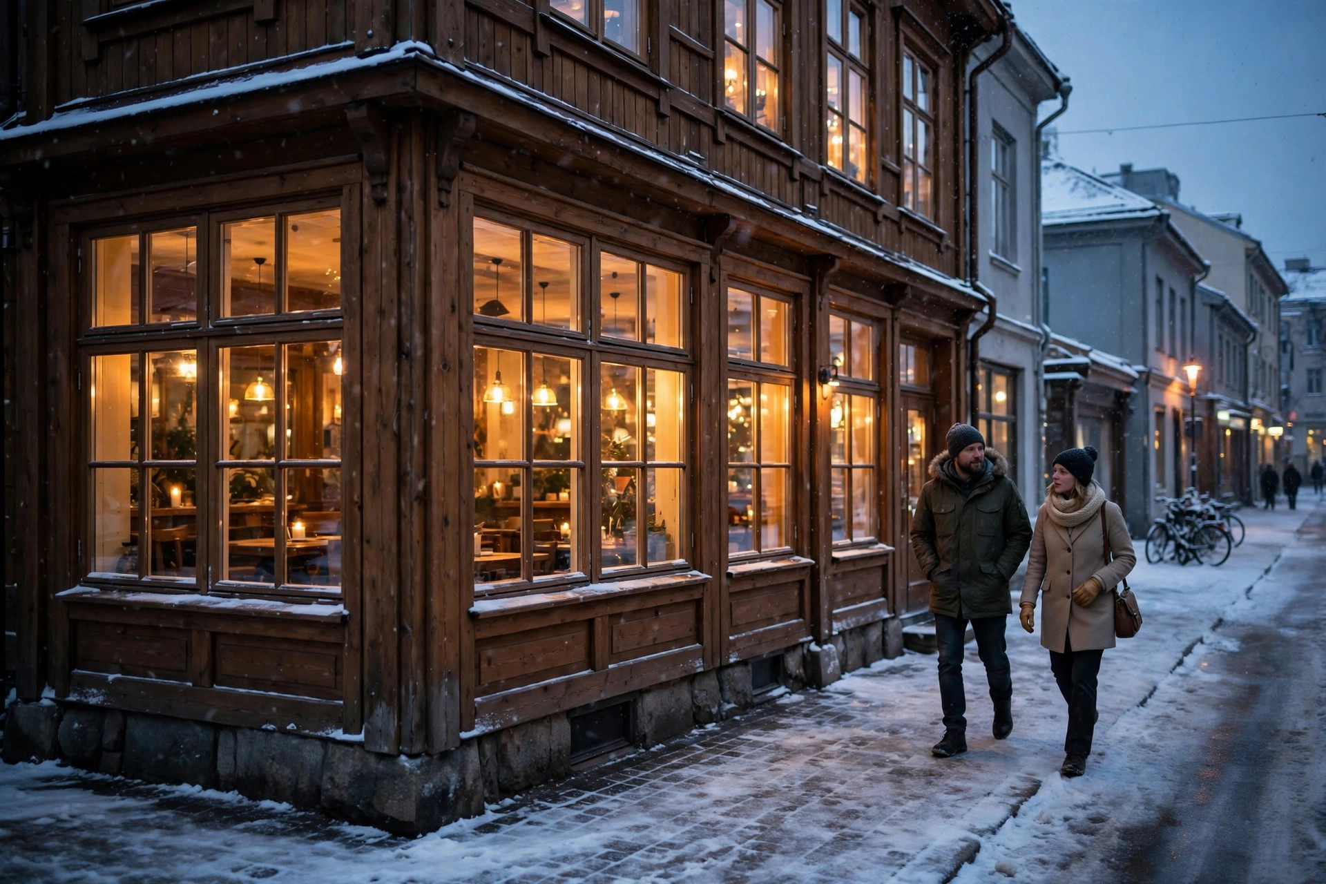 Lämmin valo loistaa pohjoismaisen ravintolan ikkunoista talvi-iltana lumisella kadulla