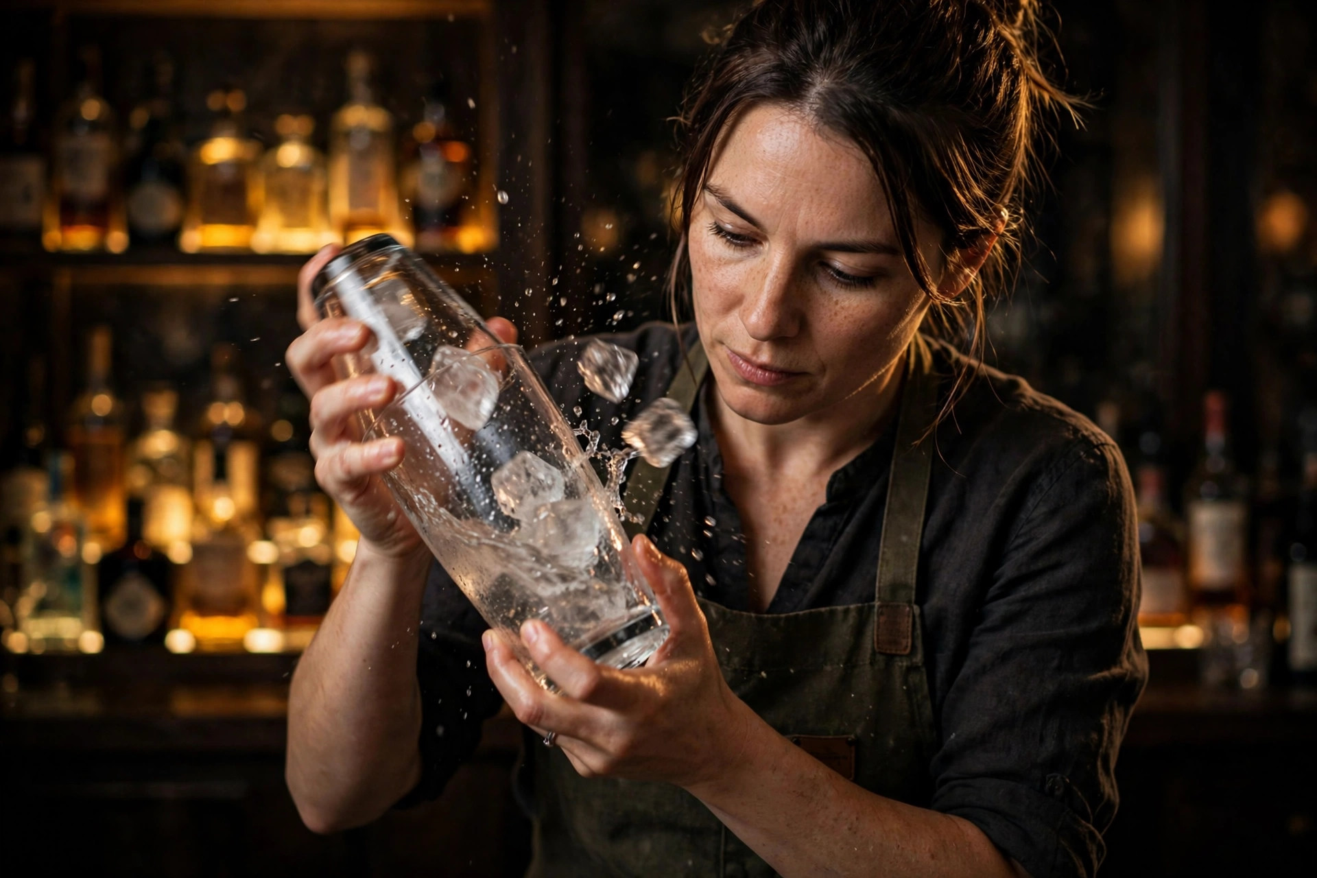 Baarimikko ravistaa cocktailshakeria baaritiskillä, taustalla lämmin pullohyllyjen valo