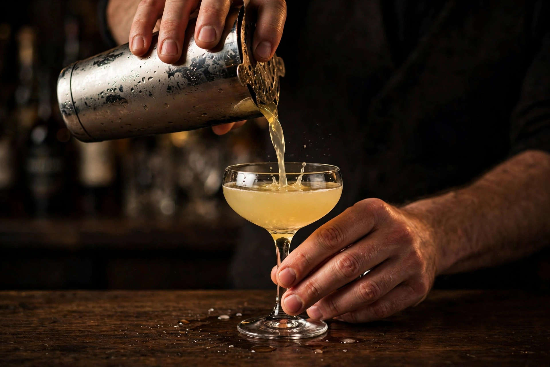 Bartender pouring a cocktail from a shaker into a coupe glass on a dark wooden bar