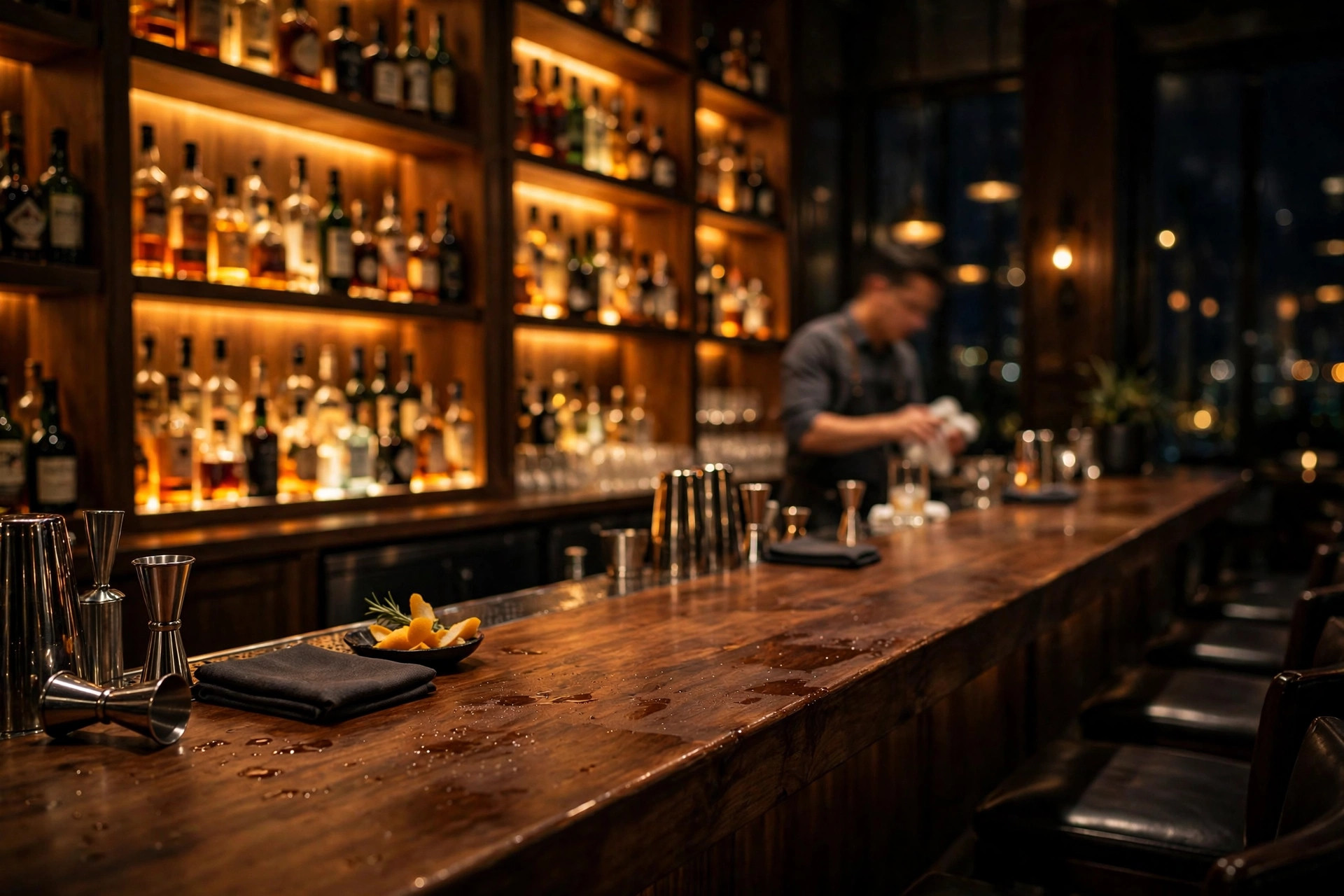 Moody upscale cocktail bar interior at night with backlit bottle shelves glowing amber