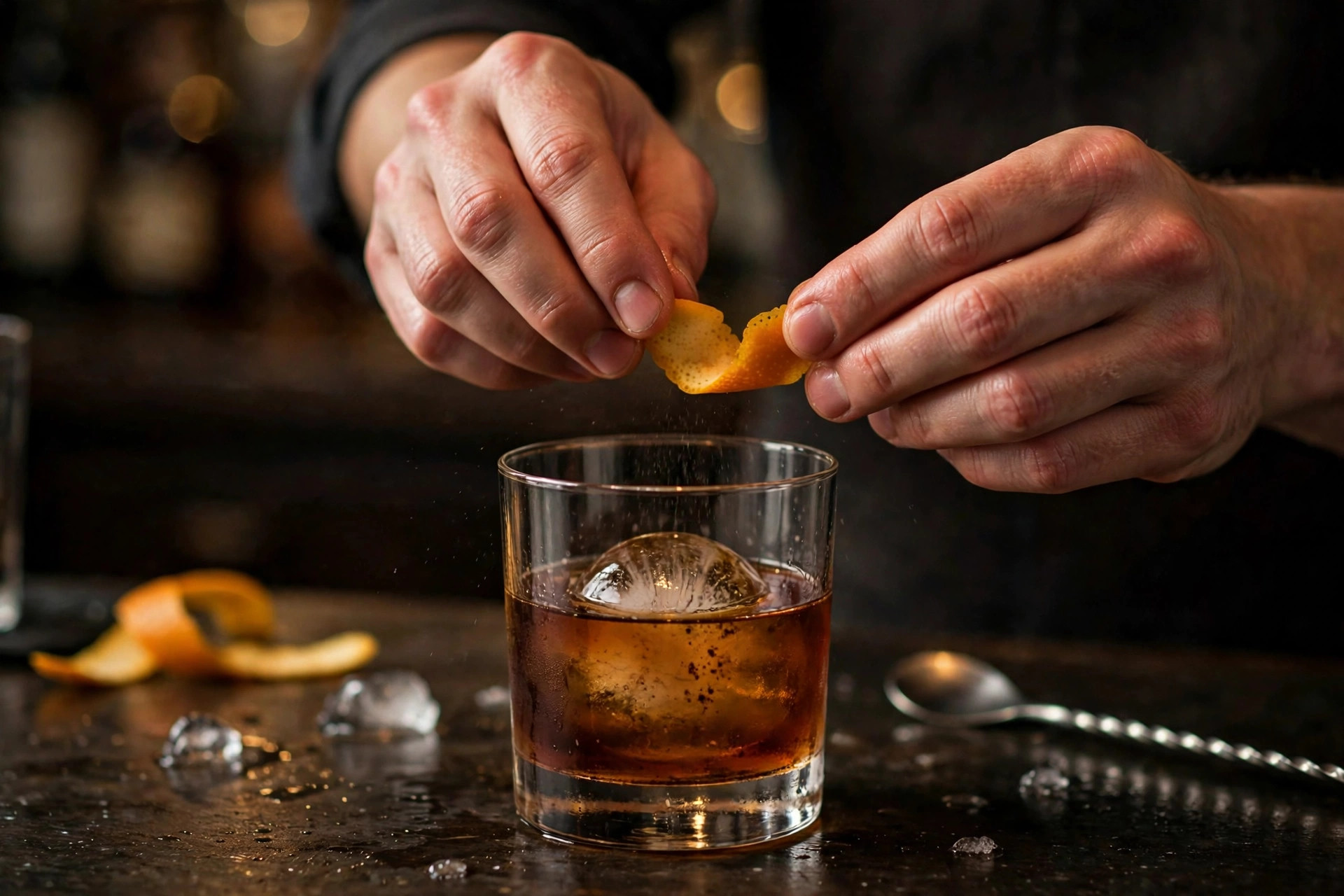 Bartenderns händer garnerar en Old Fashioned med apelsinskal på bardisken
