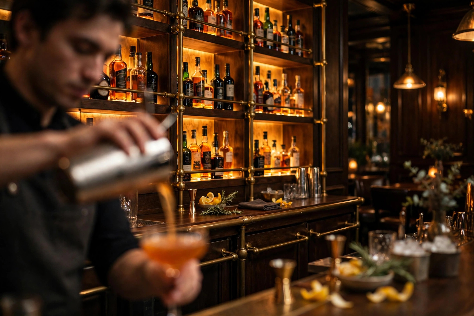 Bartender häller upp en cocktail i en stämningsfull bar med upplysta sprithyllor