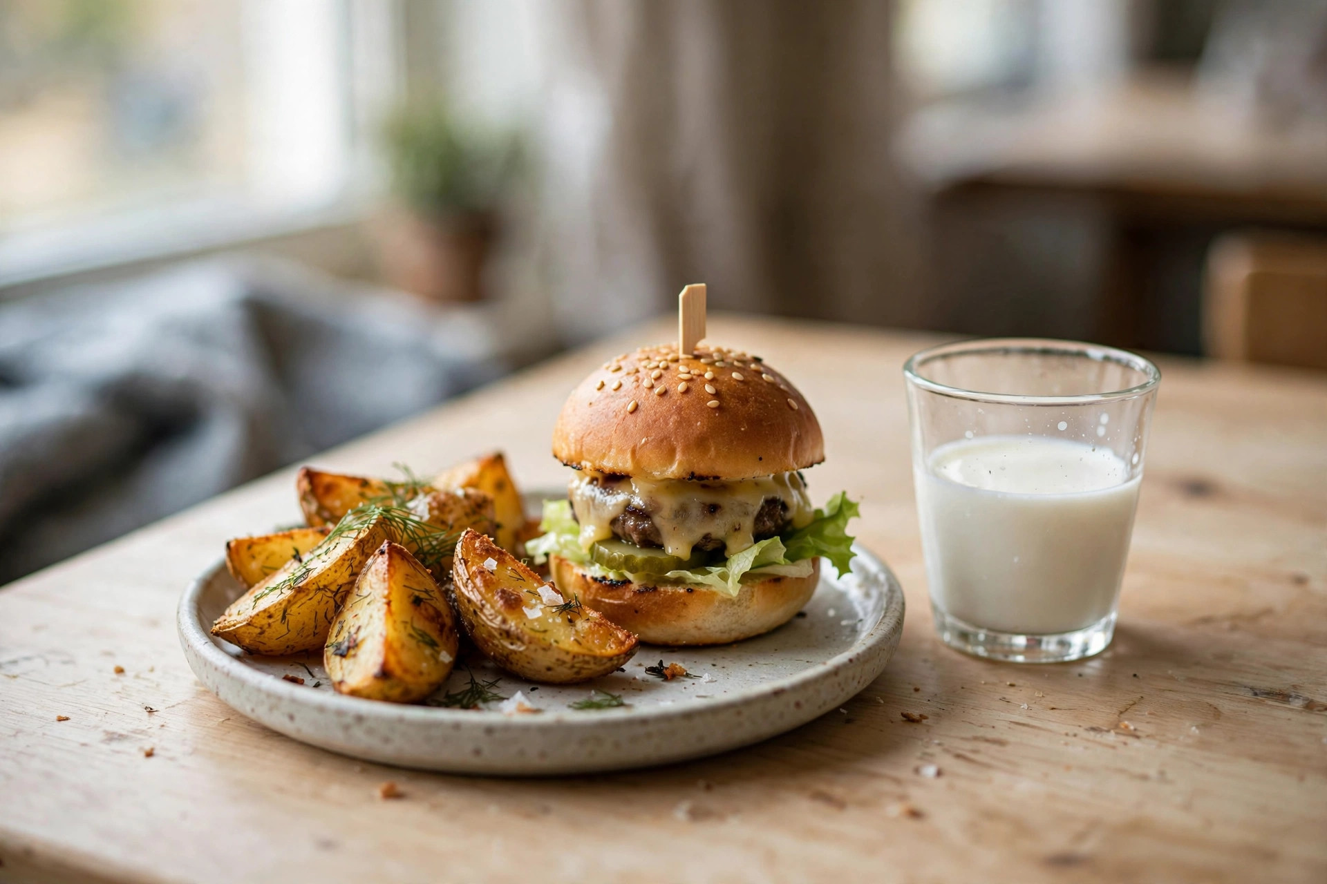 Barnetallerken med minihamburger og potetbåter servert på norsk restaurant