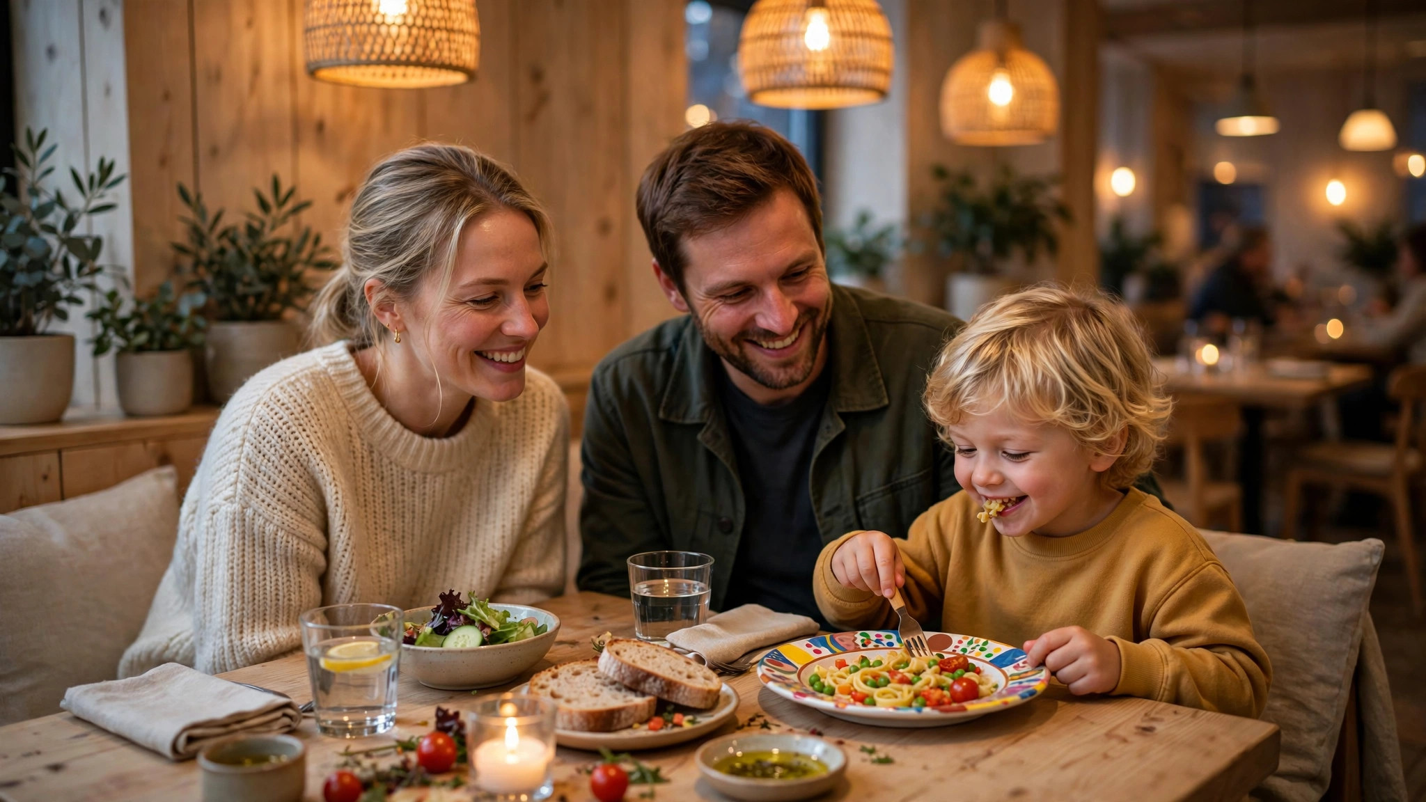 Barnefamilie spiser middag sammen på en koselig norsk restaurant