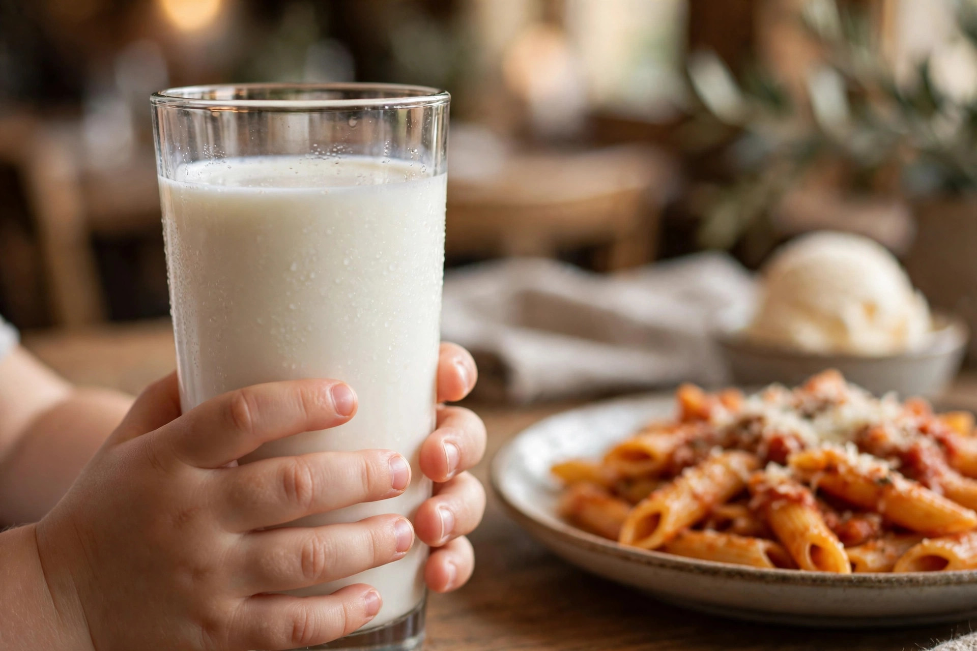 Ett barns händer håller ett glas mjölk vid restaurangbordet, med pasta och glass i bakgrunden