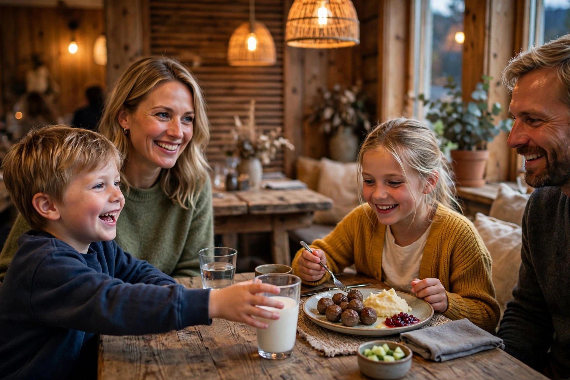 Barnfamilj på restaurang med köttbullar och potatismos framför ett leende barn