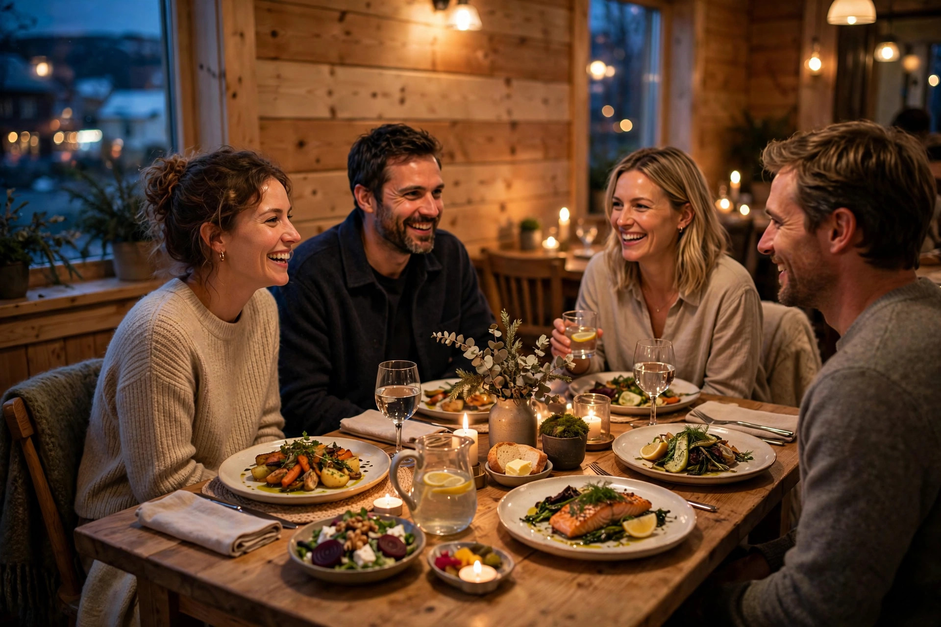 Glade gjester deler retter rundt et trebord i en koselig norsk restaurant om kvelden