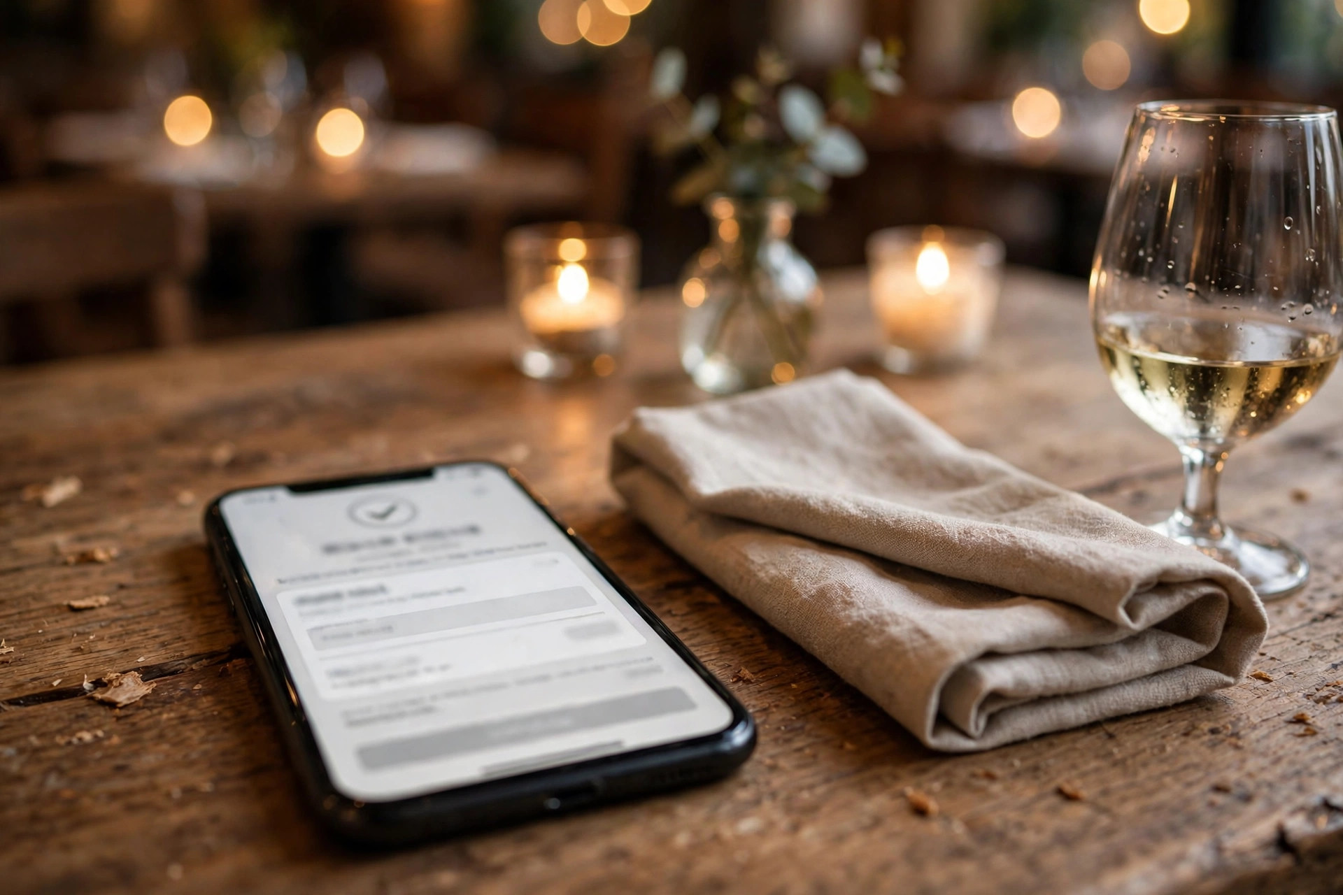 Mobiltelefon på restaurantbord som viser en bestillingsbekreftelse