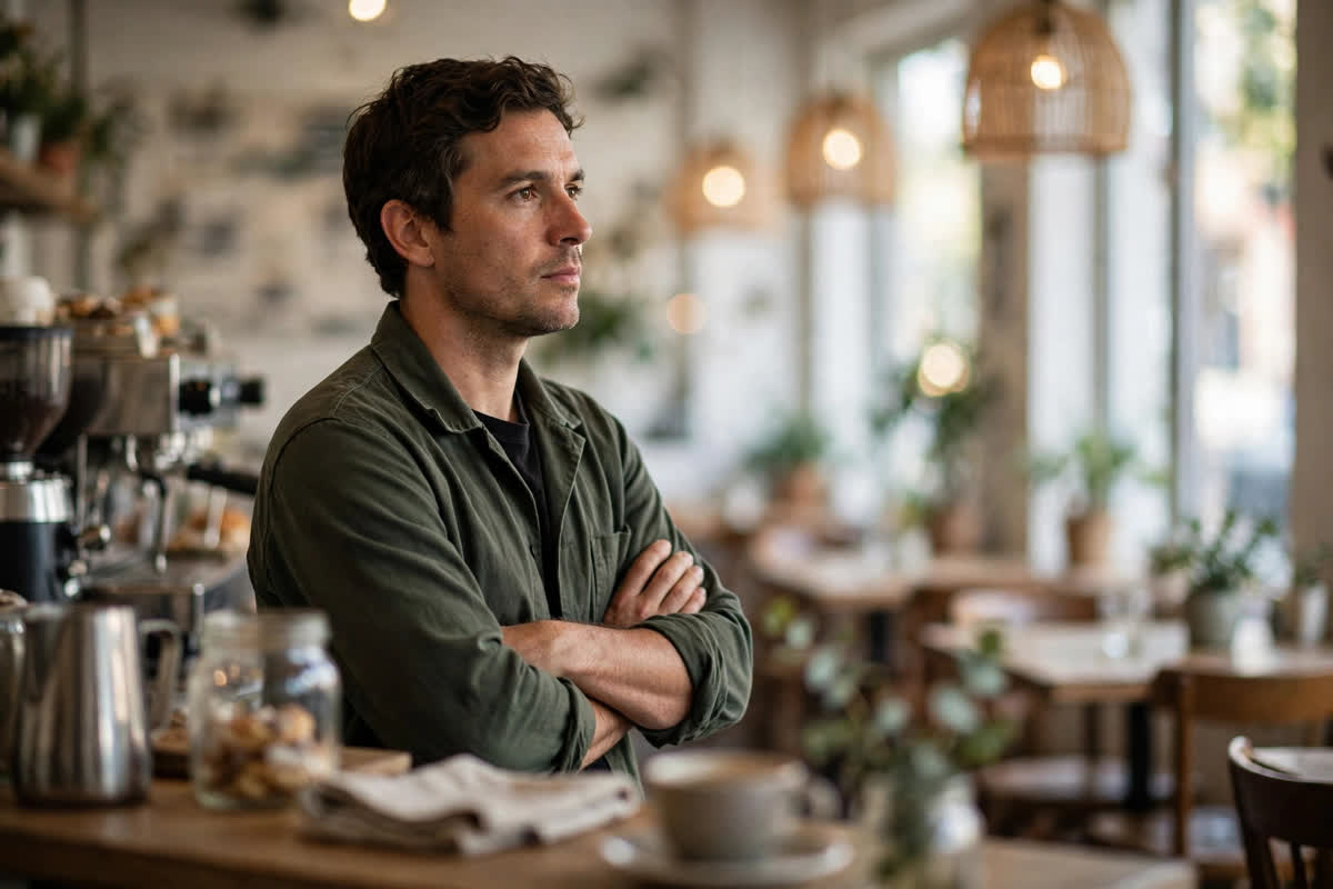 Restauranteier som vurderer markedsføringen i en rolig kafé før åpningstid