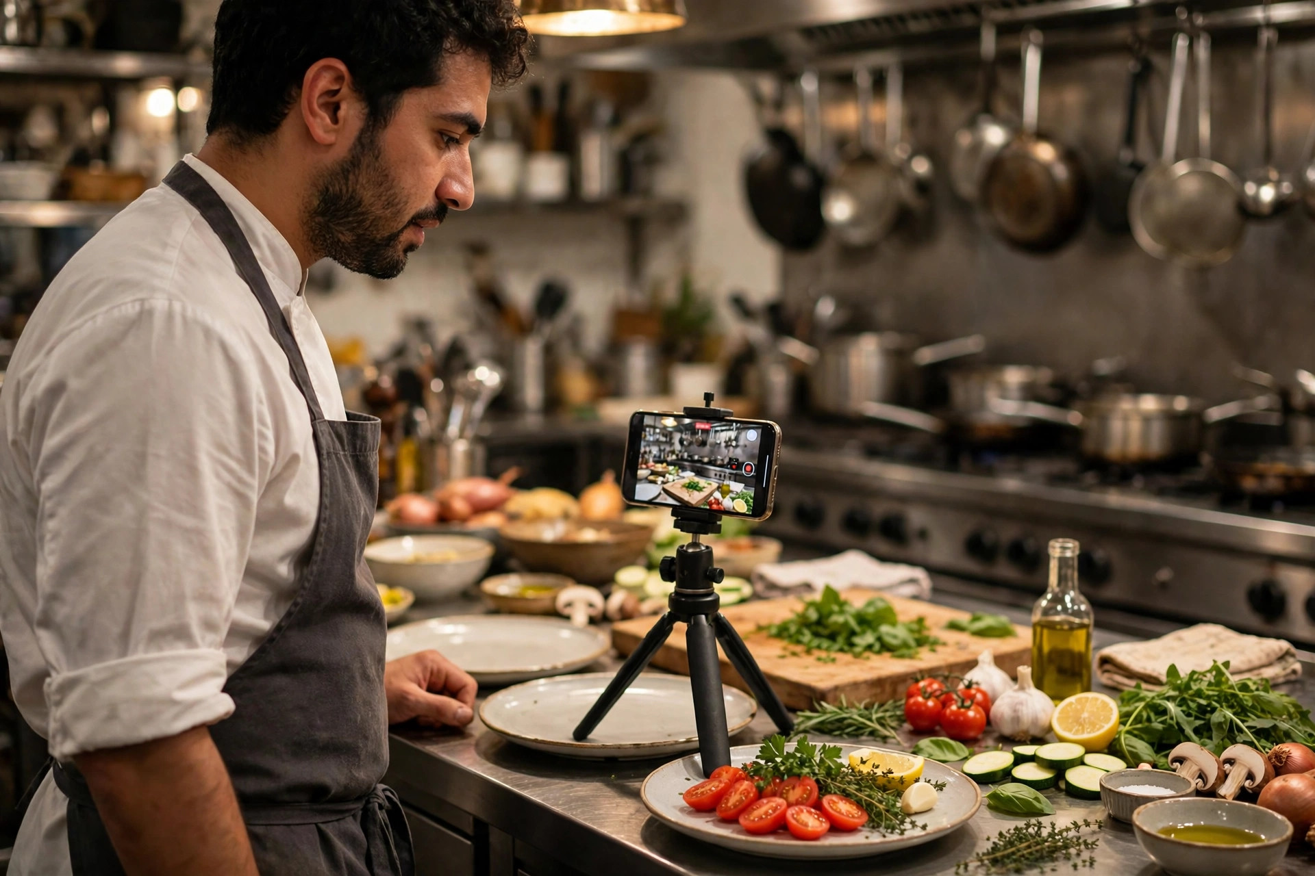 Kock som filmar matlagning med smartphone på stativ i restaurangkök