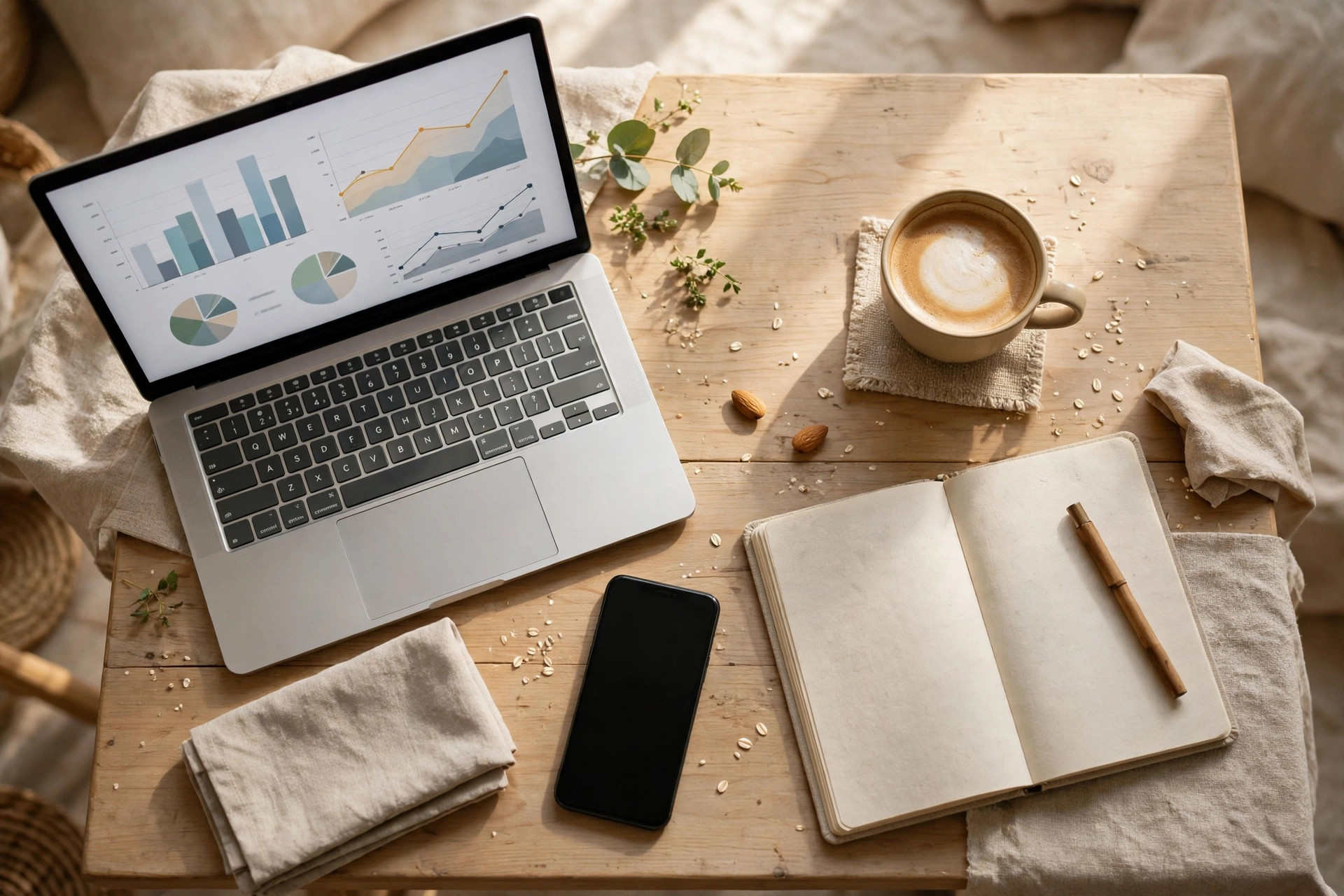 Kafébord med laptop som visar marknadsföringsstatistik, smartphone och kaffekopp