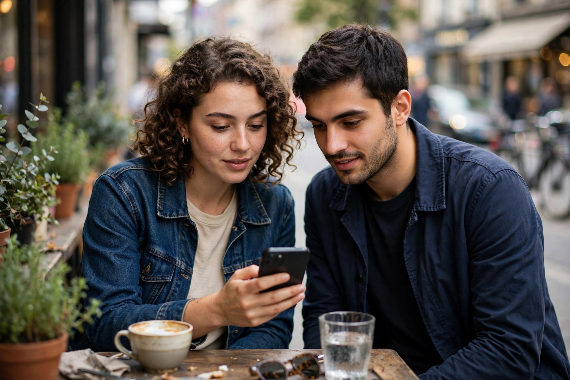 Two friends checking a smartphone outside a café — many diners find restaurants through Apple Maps and Siri, not Google
