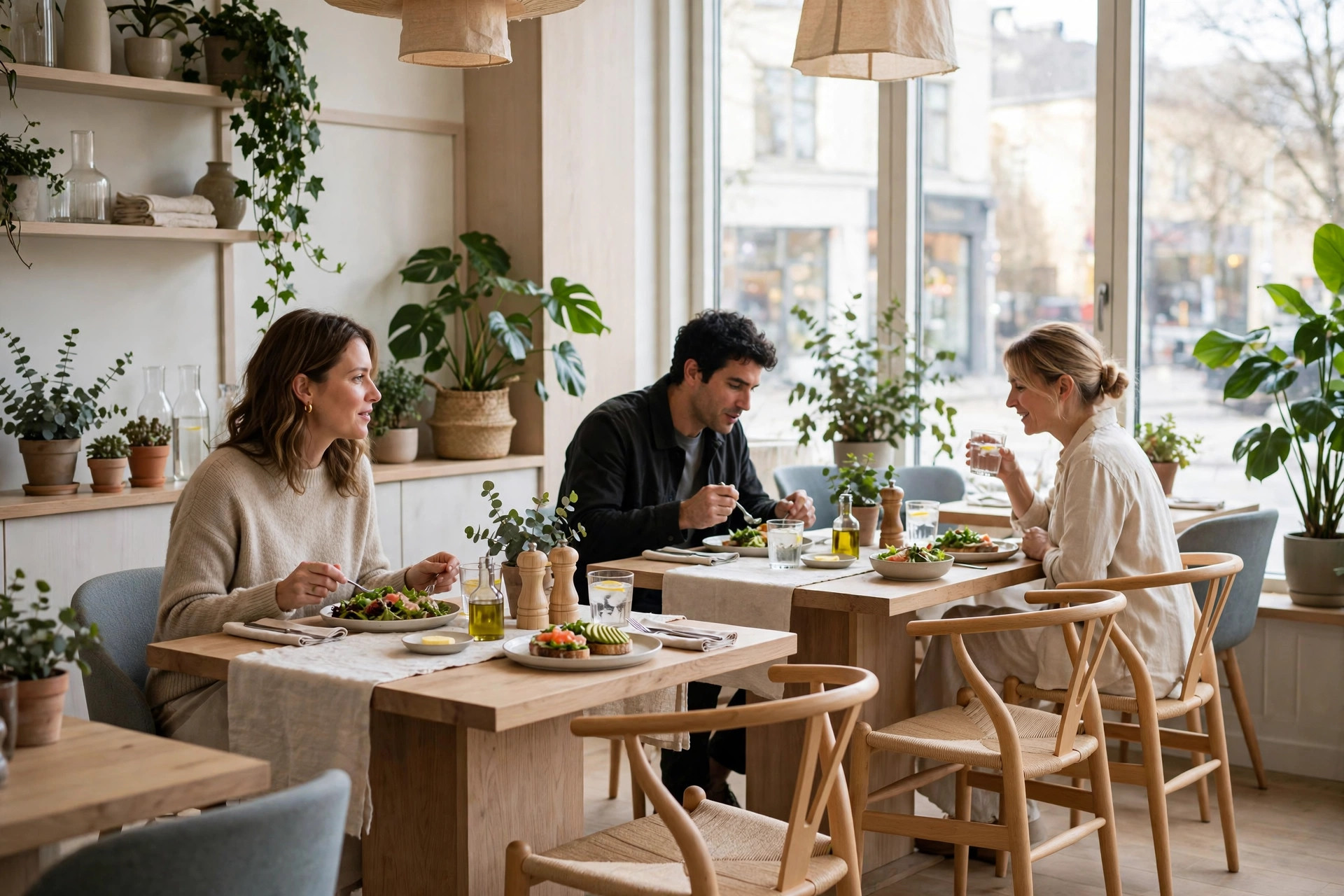 Ljus skandinavisk restaurangmatsal med träbord, designstolar och gäster i dagsljus