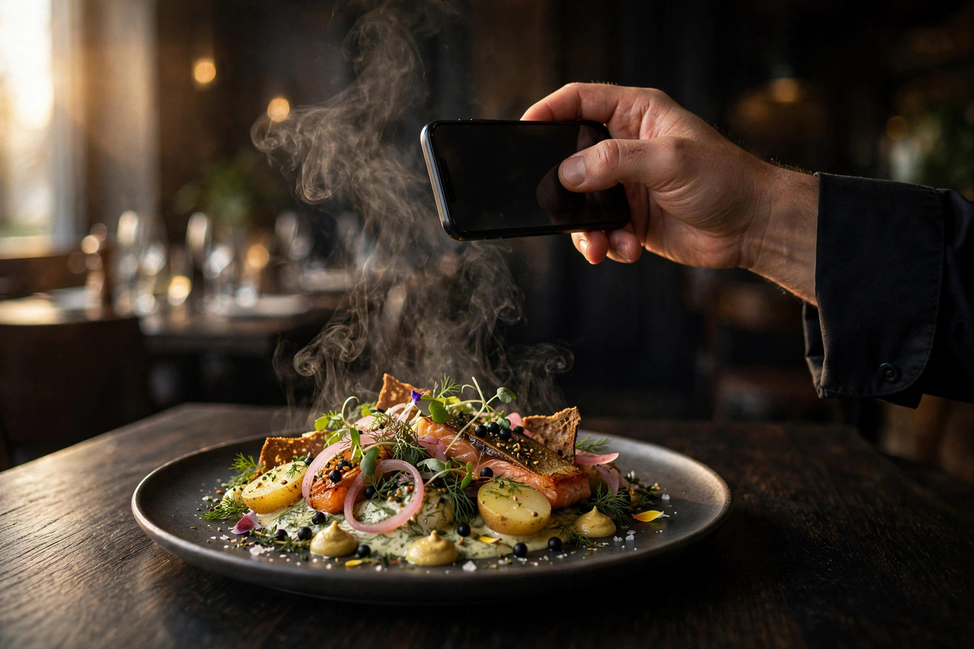 Kock som fotograferar en ångande nordisk rätt med mobilen i en restaurang