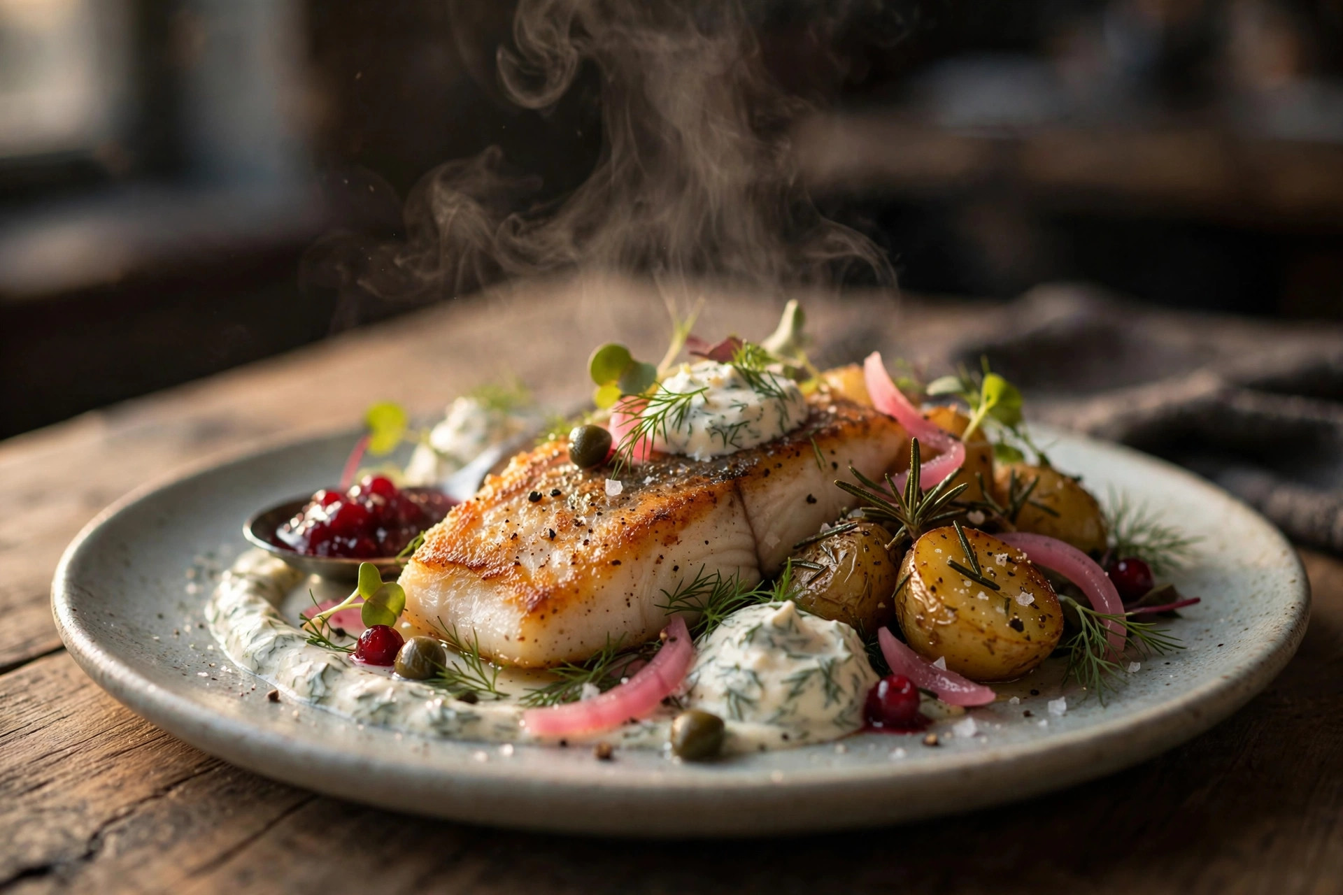 Nydelig anrettet nordisk rett på trebord i restaurant – profesjonelt matfoto i varmt lys