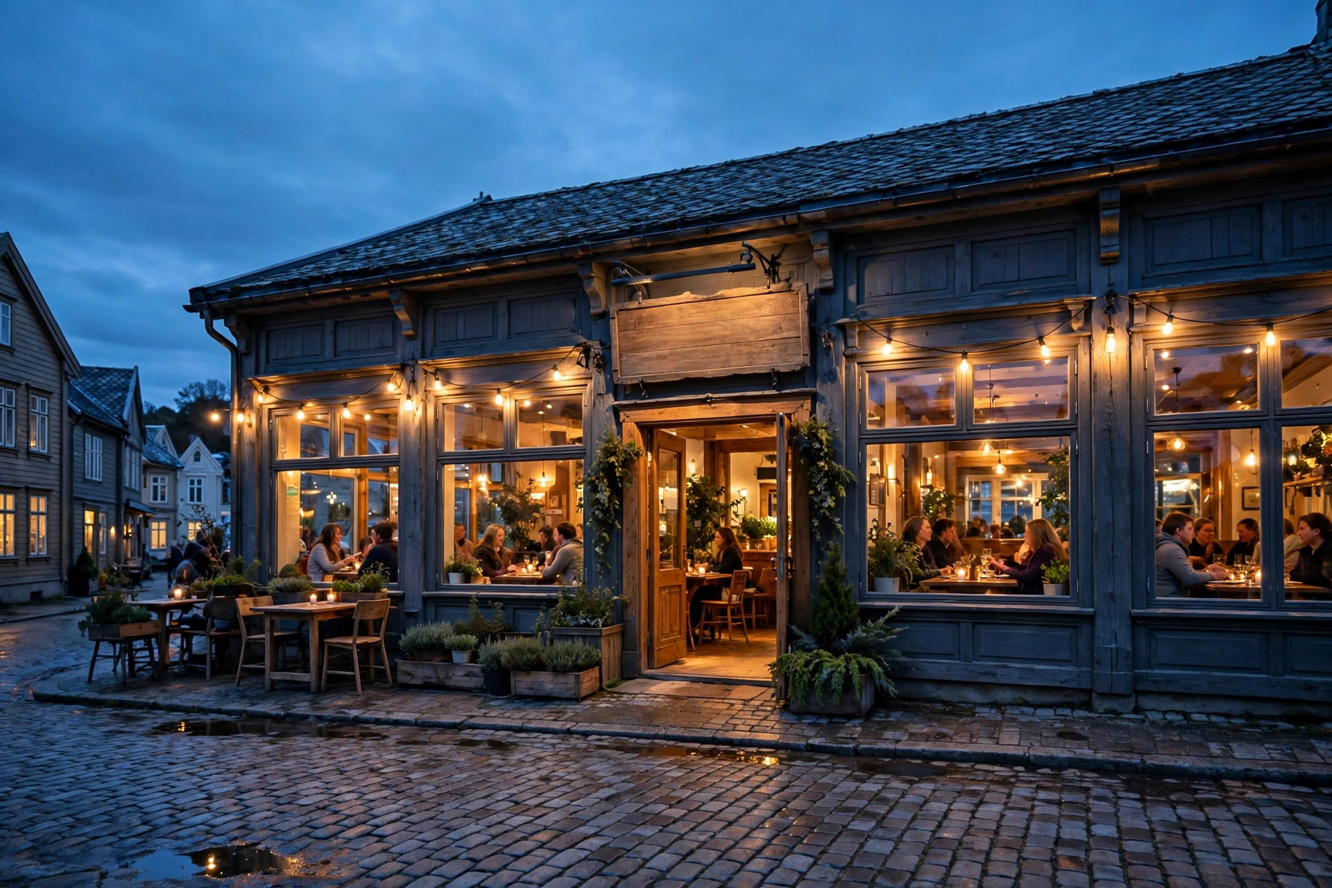 Innbydende restaurantfasade i skumringstimen med varmt lys i vinduene